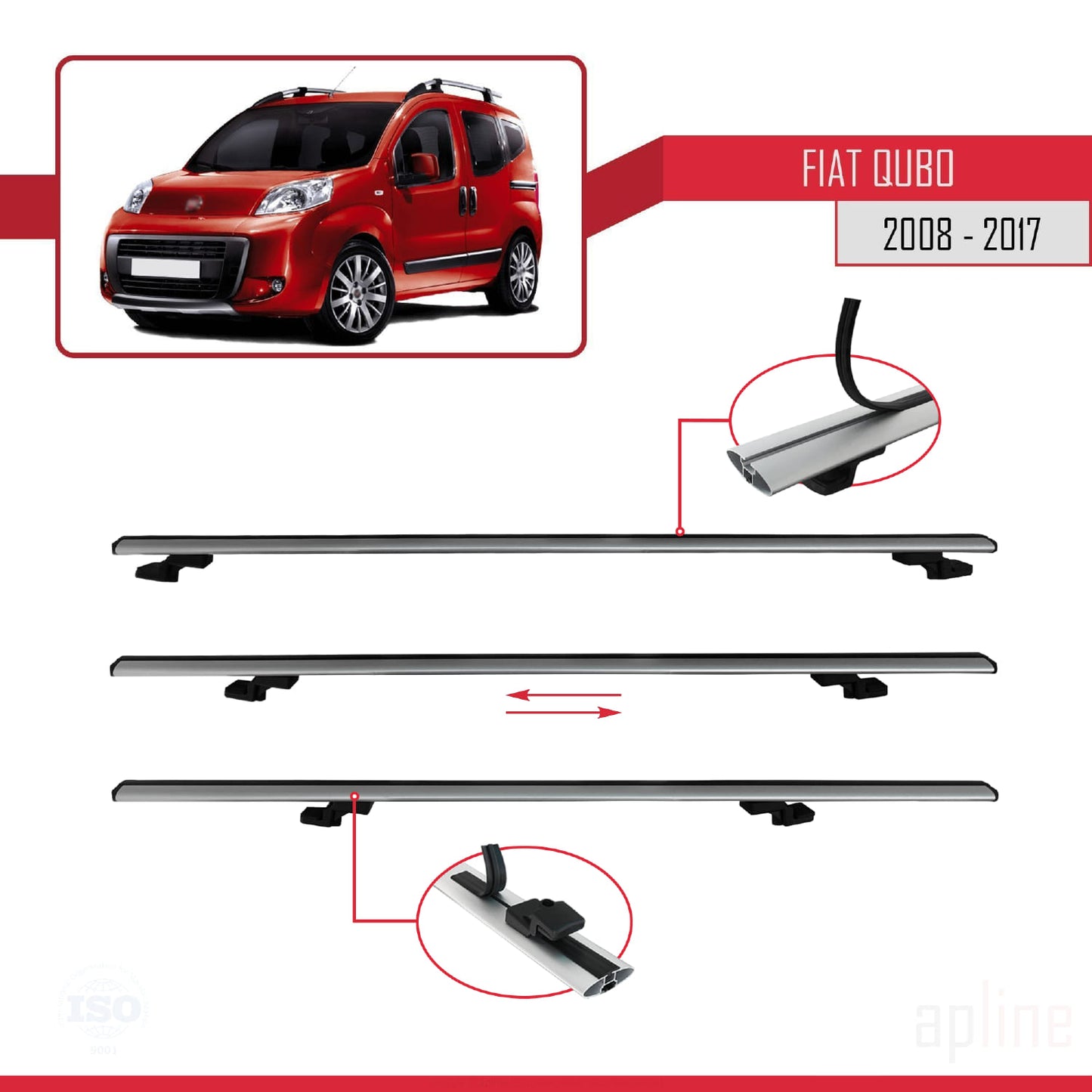Compatible avec Fiat Qubo 2008-2017 BASIC Model Barres de Toit Railing Porte-Bagages de Voiture Gris Aluminium 3 Barres