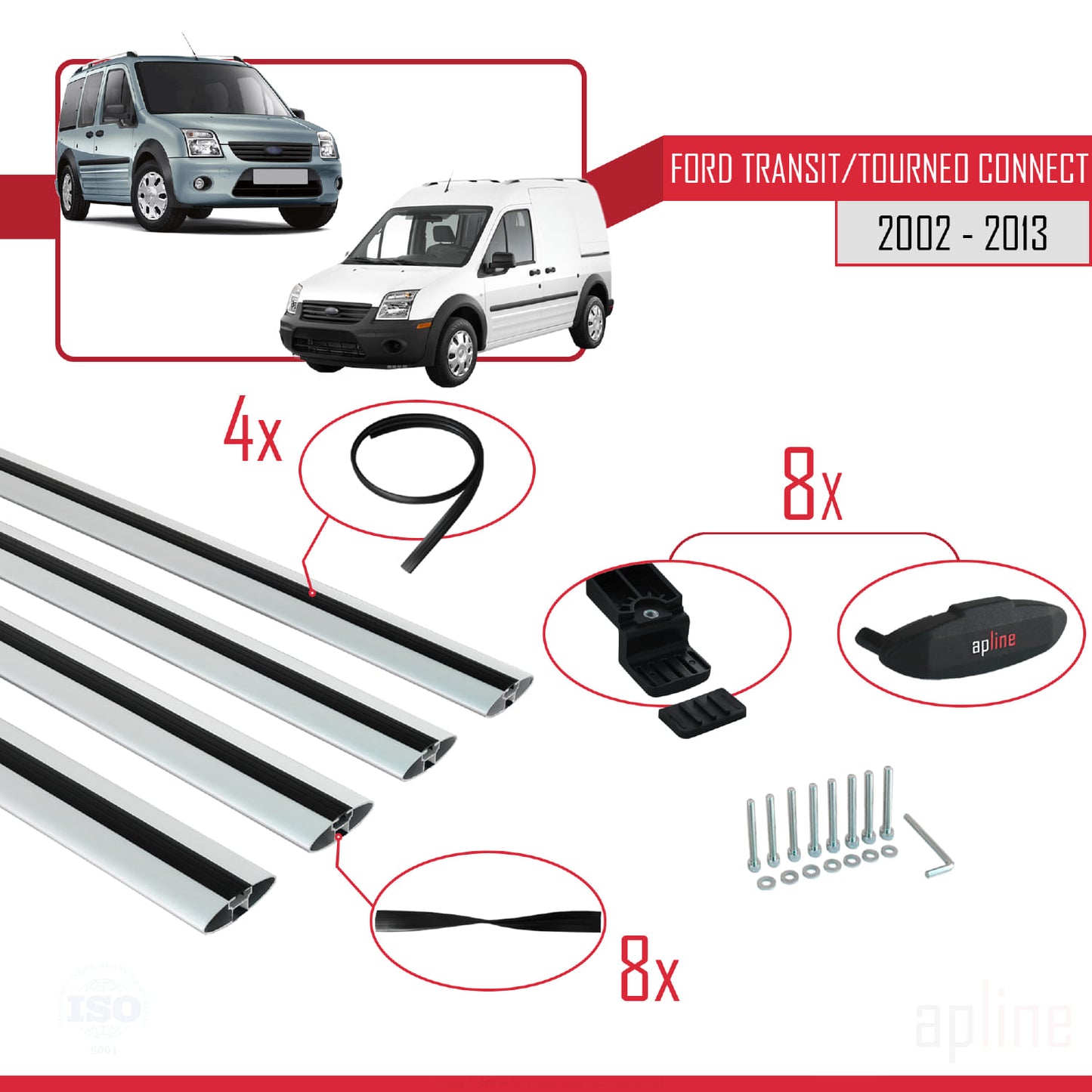 Compatible avec Ford Transit/Tourneo Connect 2002-2013 BASIC Model Barres de Toit Railing Porte-Bagages de Voiture Gris Aluminium 4 Barres