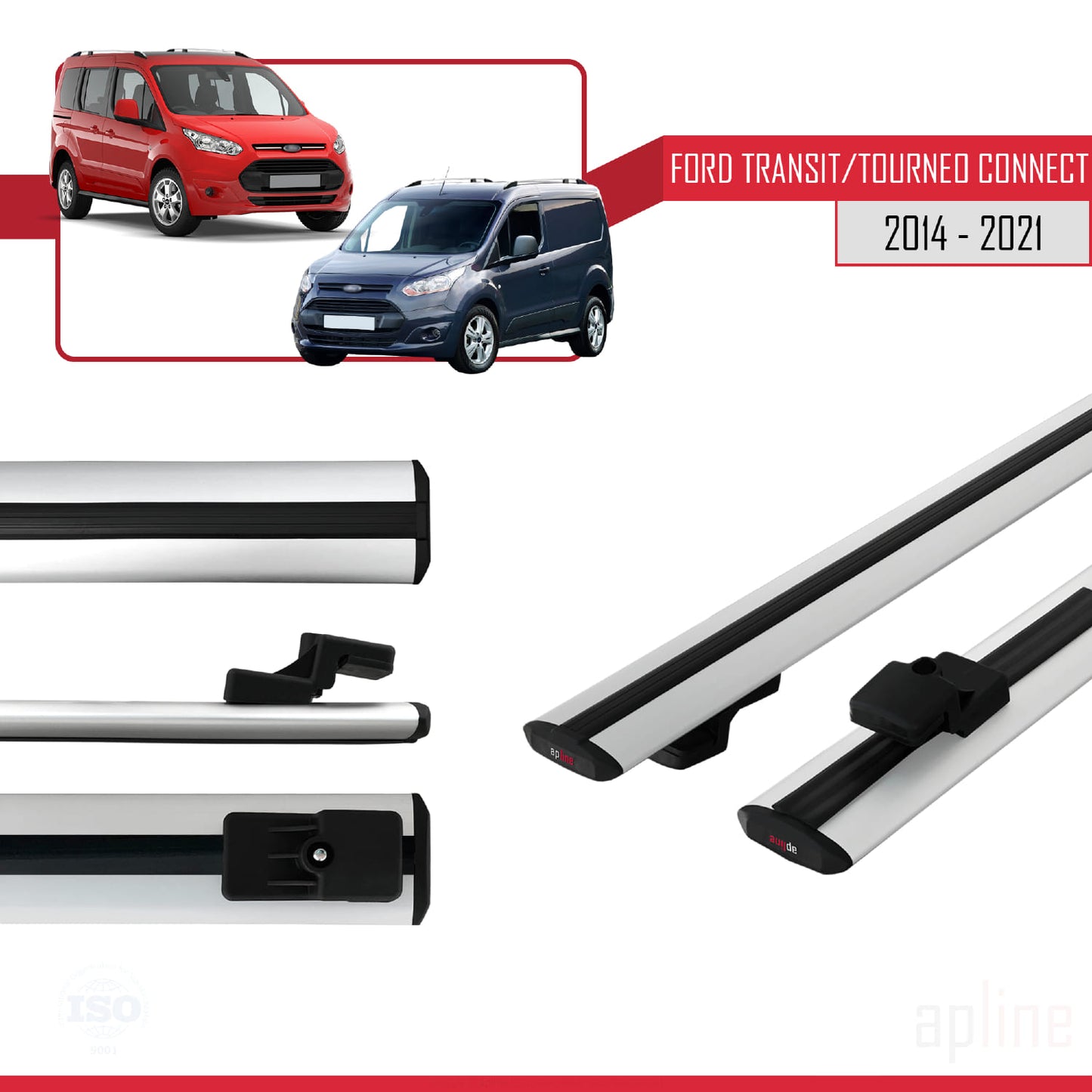 Compatible avec Ford Transit/Tourneo Connect 2 2014-2021 BASIC Model Barres de Toit Railing Porte-Bagages de Voiture Gris Aluminium 2 Barres