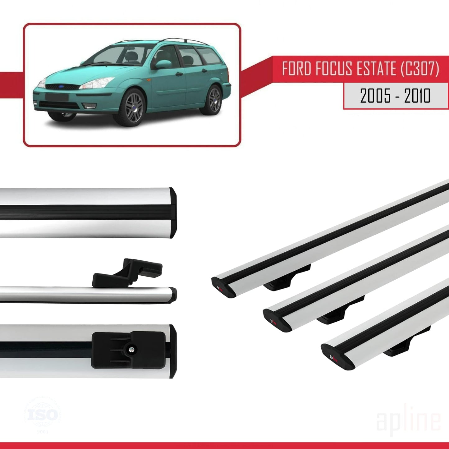 Compatible con Ford Focus 2 (C307) Familiar 2005-2010 BASIC Model Barras de Techo Auto Portaequipajes Barras Transversales Gris Aluminio 3 Barras