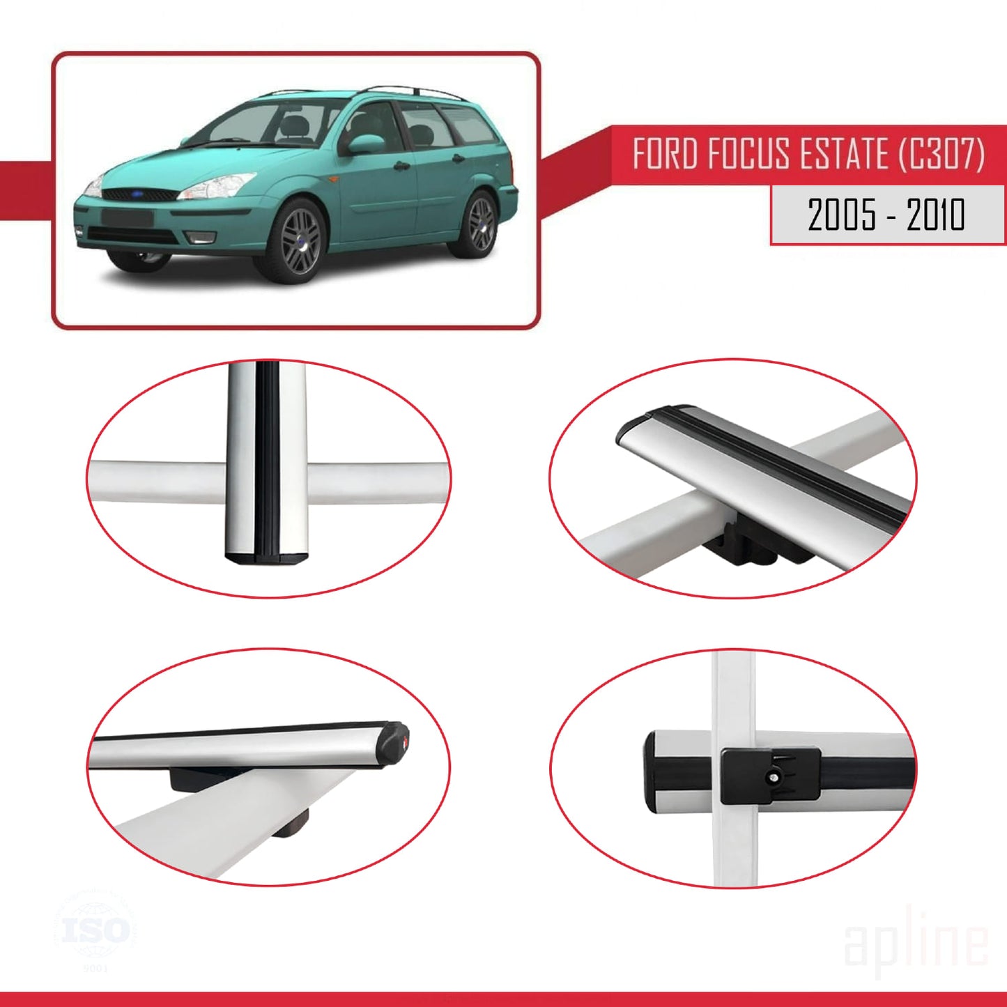 Compatible con Ford Focus 2 (C307) Familiar 2005-2010 BASIC Model Barras de Techo Auto Portaequipajes Barras Transversales Gris Aluminio 3 Barras