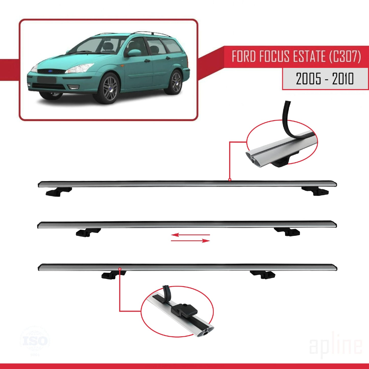 Compatible con Ford Focus 2 (C307) Familiar 2005-2010 BASIC Model Barras de Techo Auto Portaequipajes Barras Transversales Gris Aluminio 3 Barras