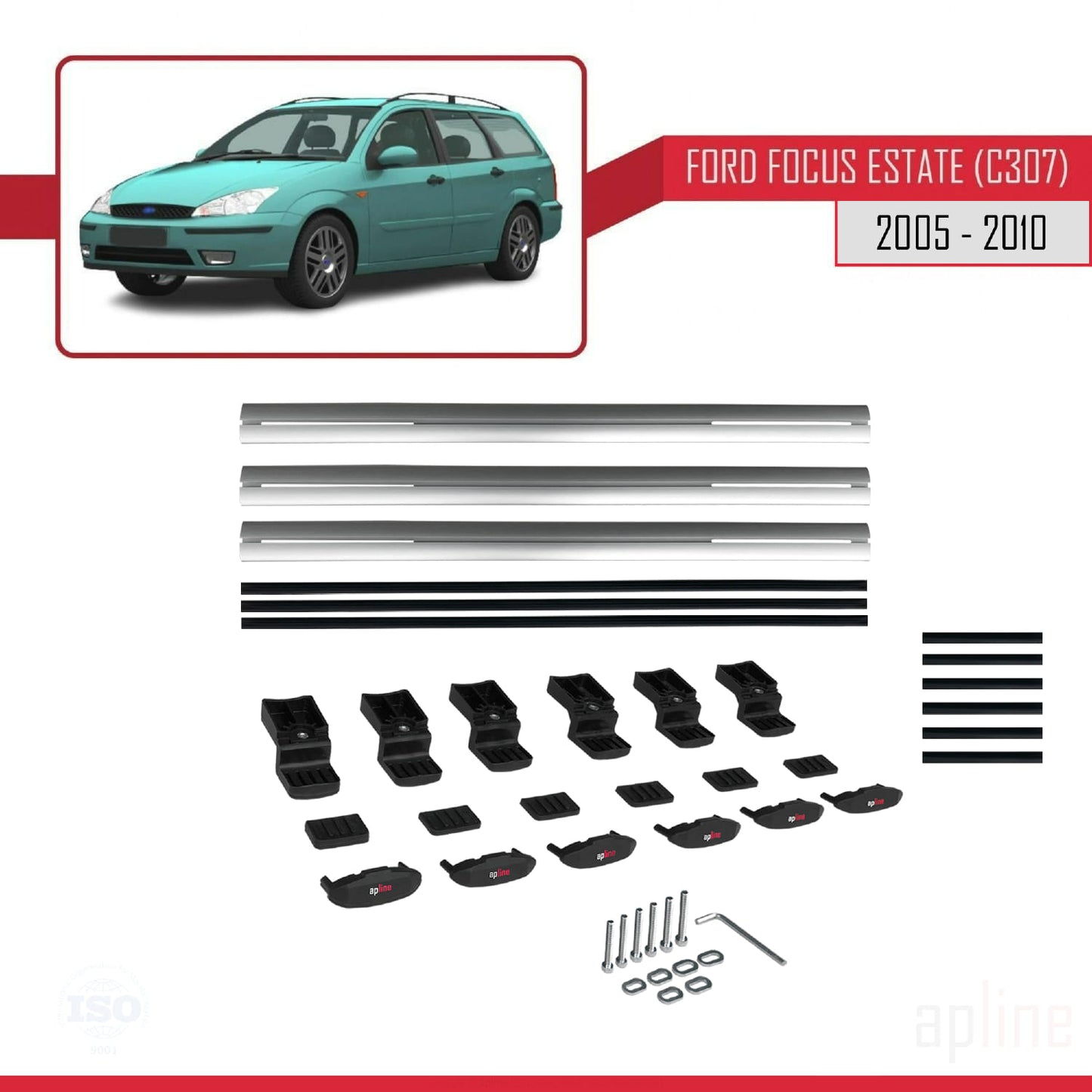 Compatible con Ford Focus 2 (C307) Familiar 2005-2010 BASIC Model Barras de Techo Auto Portaequipajes Barras Transversales Gris Aluminio 3 Barras