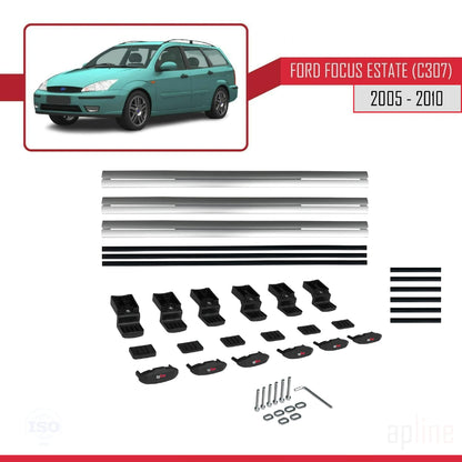 Compatible con Ford Focus 2 (C307) Familiar 2005-2010 BASIC Model Barras de Techo Auto Portaequipajes Barras Transversales Gris Aluminio 3 Barras