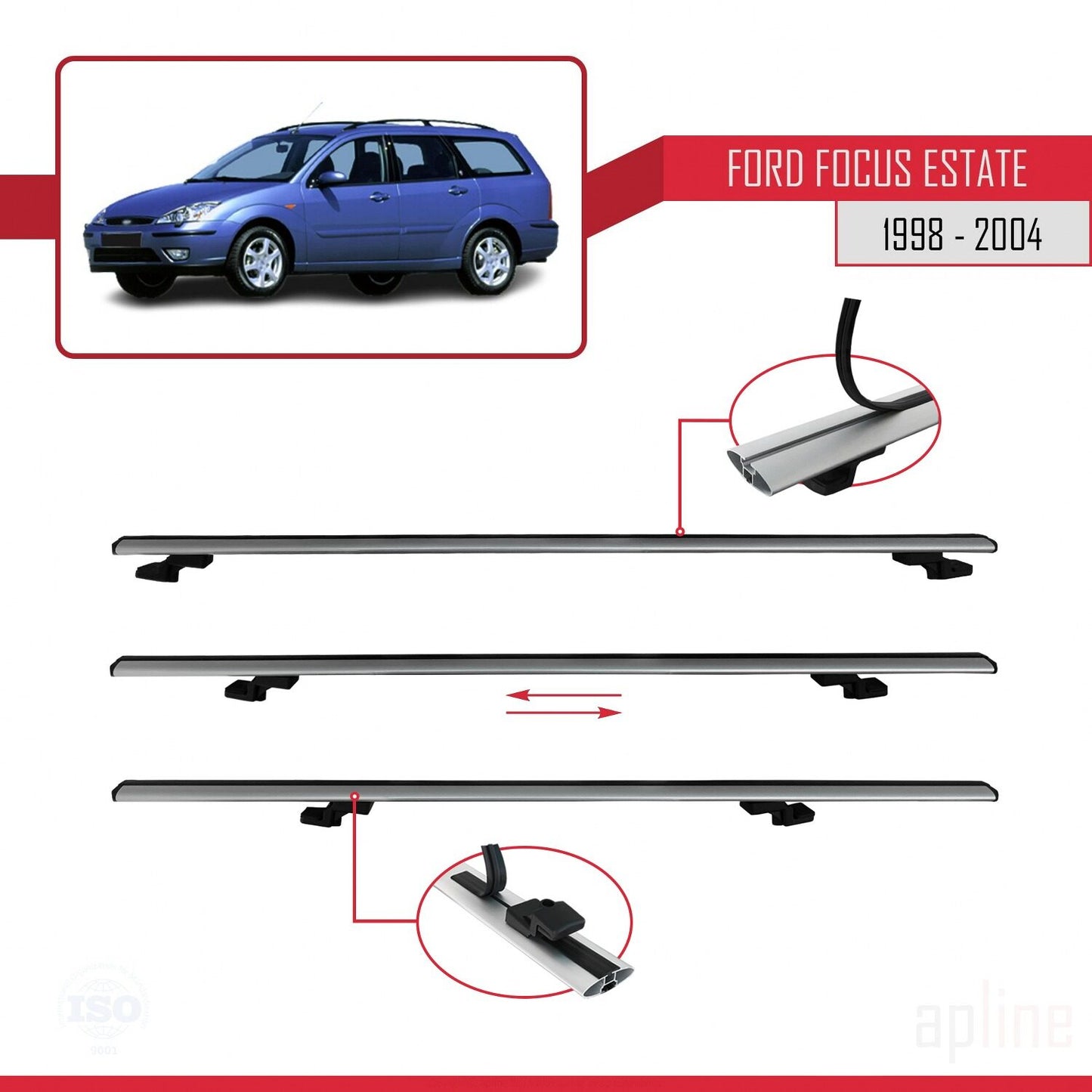 Compatibile con Ford Focus (C170) SW 1998-2004 BASIC Model Barre Tetto Portapacchi Auto Barre Portatutto Grigo Alluminio 3 Barre