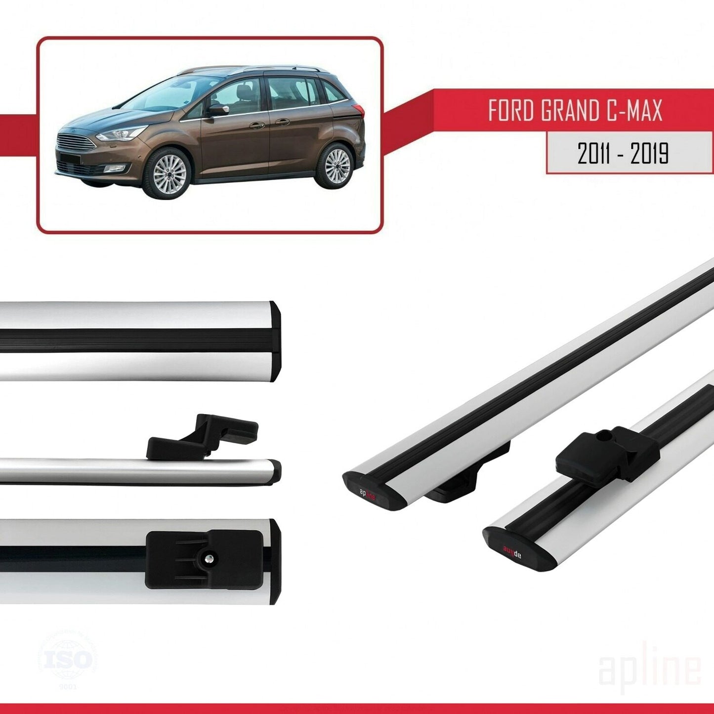 Kompatibel mit Ford Grand C-Max (C344) 2011-2019 BASIC Model Relingträger Dachträger Auto Gepäckträger Grau Aluminium 2 Stangen