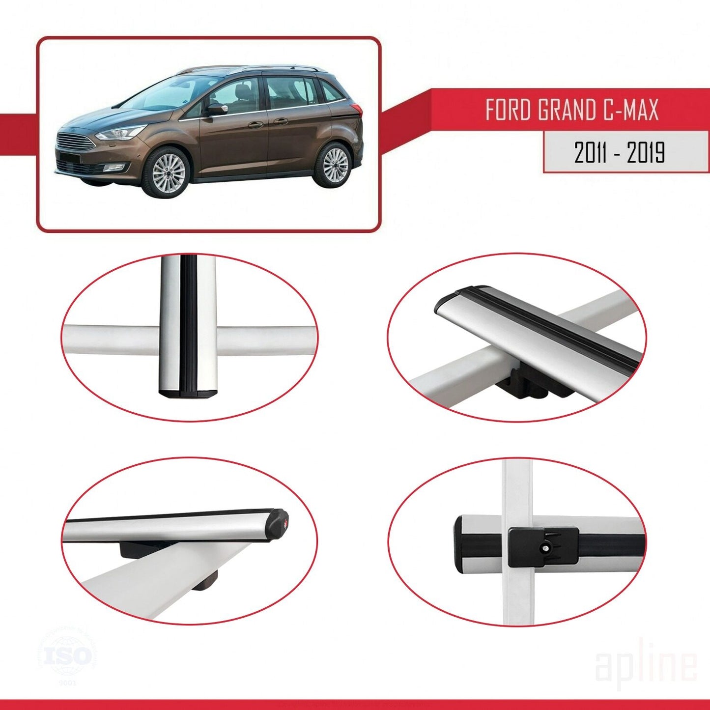 Kompatibel mit Ford Grand C-Max (C344) 2011-2019 BASIC Model Relingträger Dachträger Auto Gepäckträger Grau Aluminium 2 Stangen