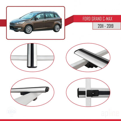 Kompatibel mit Ford Grand C-Max (C344) 2011-2019 BASIC Model Relingträger Dachträger Auto Gepäckträger Grau Aluminium 2 Stangen