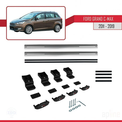 Kompatibel mit Ford Grand C-Max (C344) 2011-2019 BASIC Model Relingträger Dachträger Auto Gepäckträger Grau Aluminium 2 Stangen