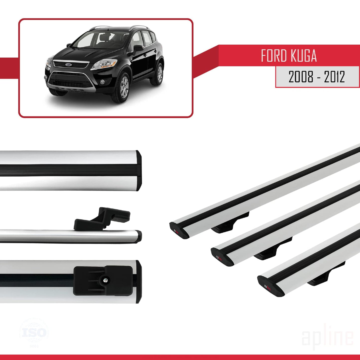 BASIC Model Dakdrager bagagedrager compatibel met Ford Kuga (C394) 2008-2012 Spoorstaven Grijs Aluminium 3 Staven
