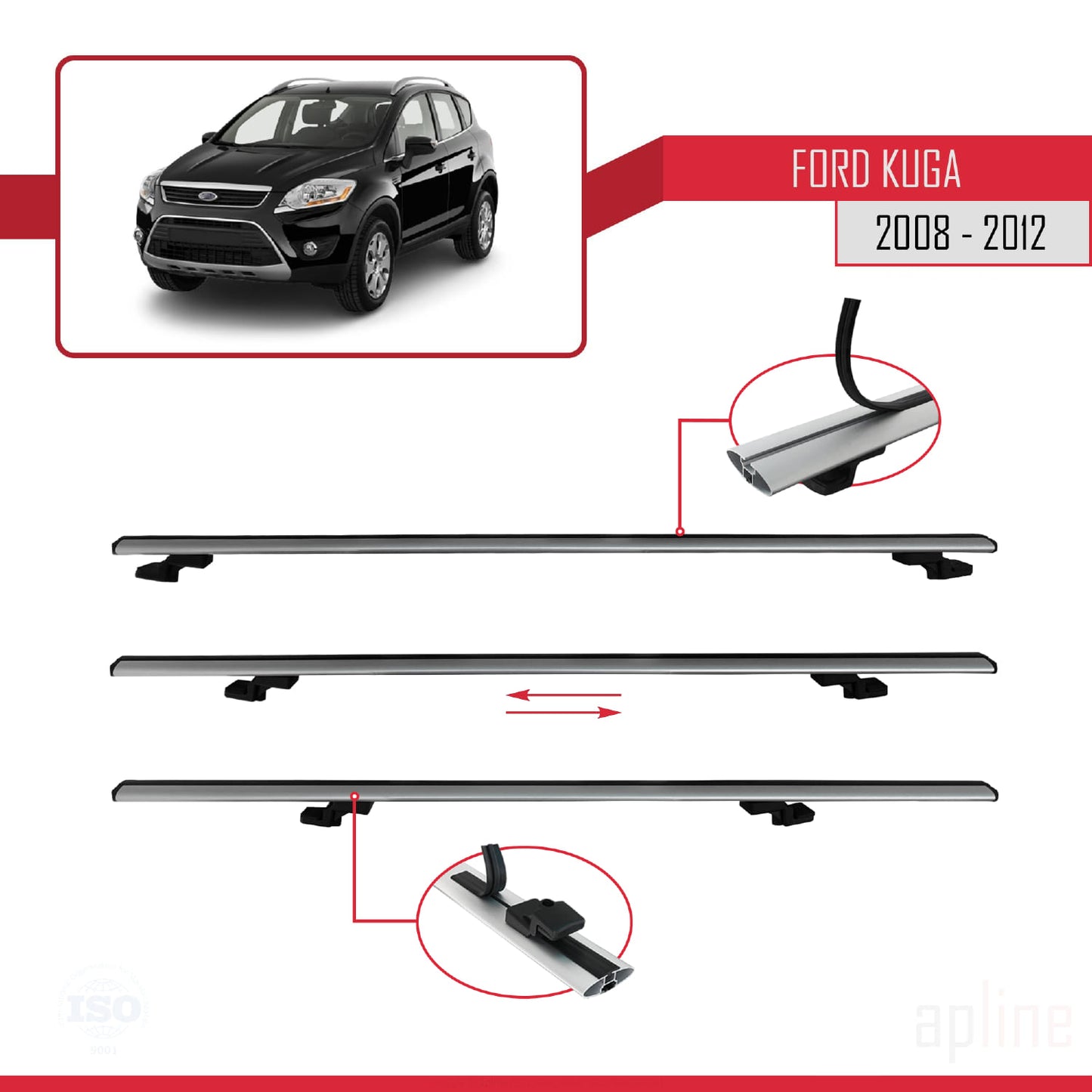 BASIC Model Dakdrager bagagedrager compatibel met Ford Kuga (C394) 2008-2012 Spoorstaven Grijs Aluminium 3 Staven