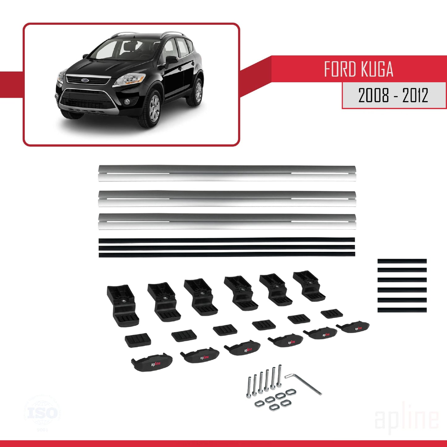 BASIC Model Dakdrager bagagedrager compatibel met Ford Kuga (C394) 2008-2012 Spoorstaven Grijs Aluminium 3 Staven
