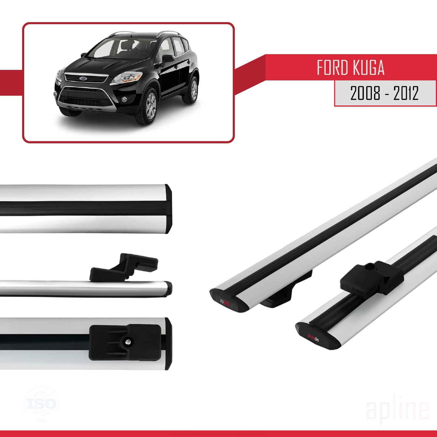 BASIC Model Dakdrager bagagedrager compatibel met Ford Kuga (C394) 2008-2012 Spoorstaven Grijs Aluminium 2 Staven