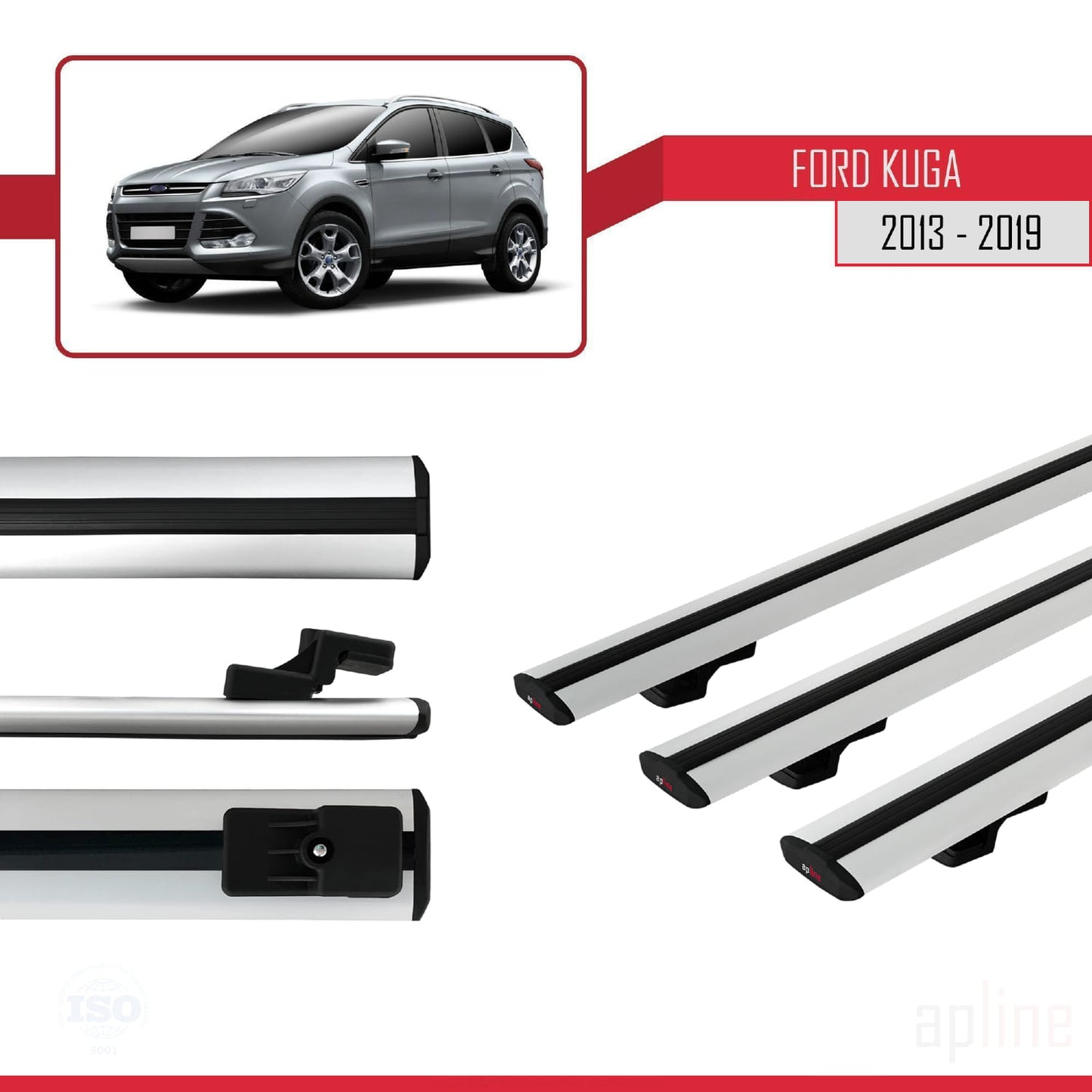 Compatible con Ford Kuga 2 (C520) 2013-2019 BASIC Model Barras de Techo Auto Portaequipajes Barras Transversales Gris Aluminio 3 Barras