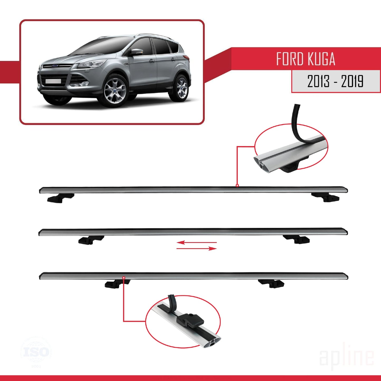 BASIC Model Dakdrager bagagedrager compatibel met Ford Kuga 2 (C520) 2013-2019 Spoorstaven Grijs Aluminium 2 Staven