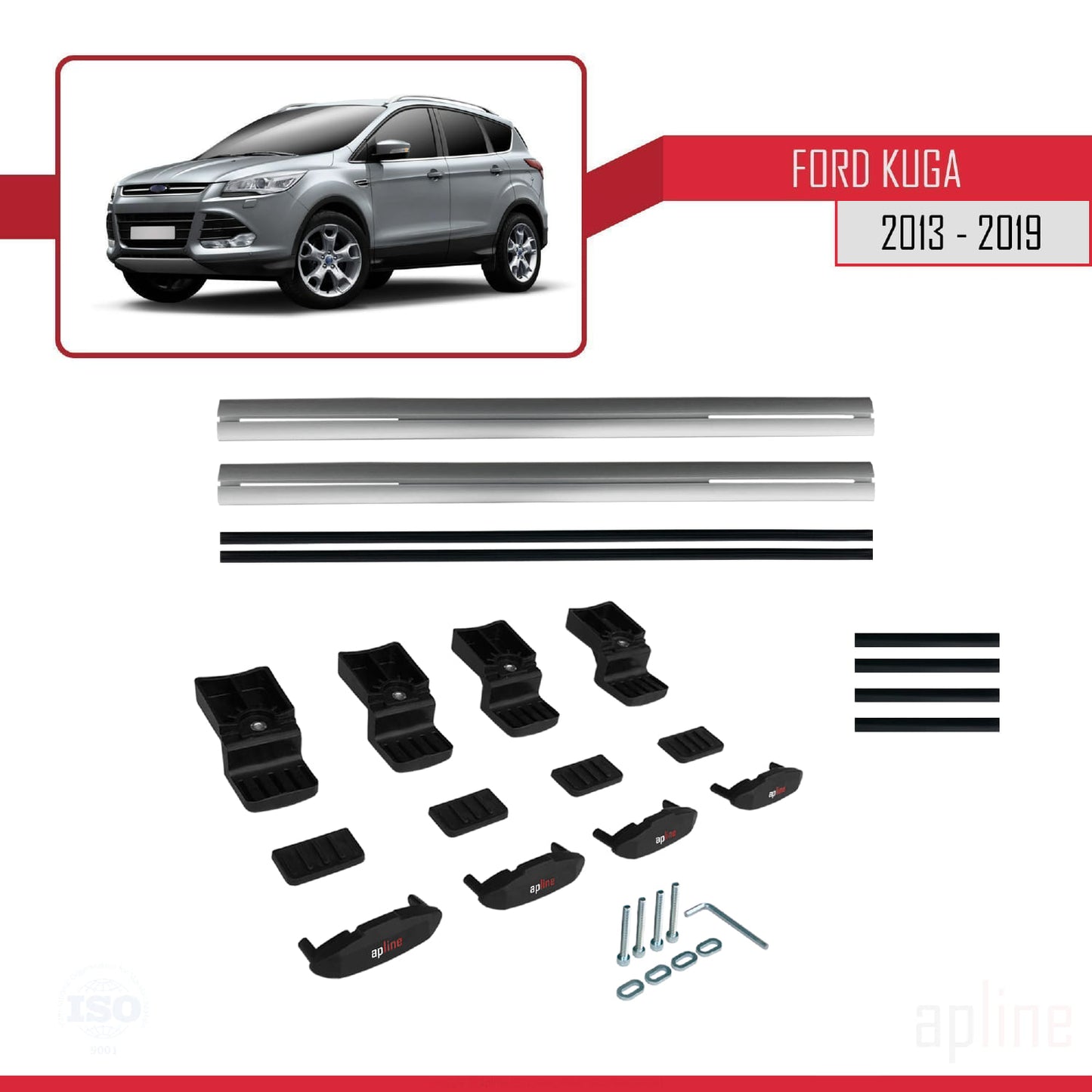 BASIC Model Dakdrager bagagedrager compatibel met Ford Kuga 2 (C520) 2013-2019 Spoorstaven Grijs Aluminium 2 Staven