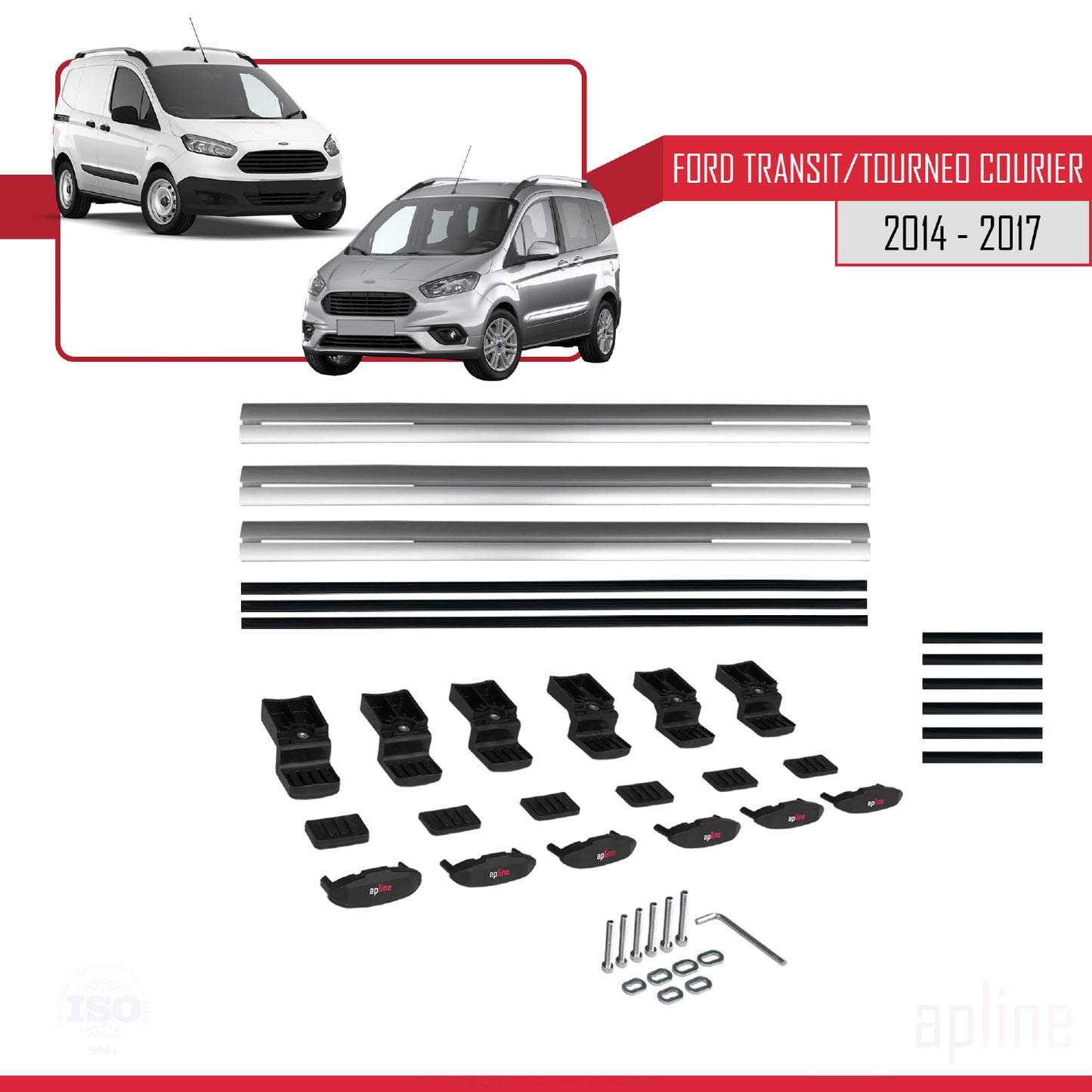 Compatibile con Ford Transit/Tourneo Courier Pre-Facelift 2014-2017 modello BASIC Barre portatutto per auto Portapacchi in alluminio grigio 3 barre