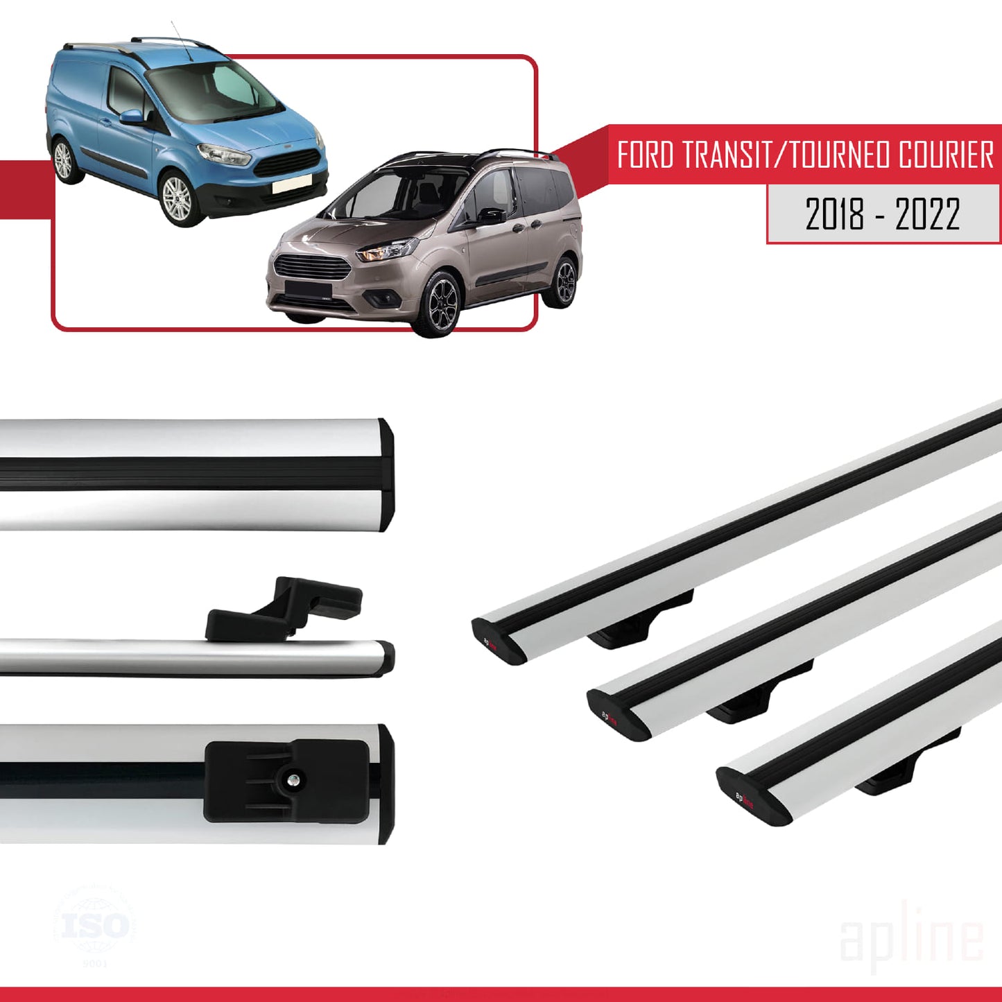 Compatible avec Ford Transit/Tourneo Courier Post-Facelift 2018-2022 BASIC Model Barres de Toit Railing Porte-Bagages de Voiture Gris Aluminium 3 Barres