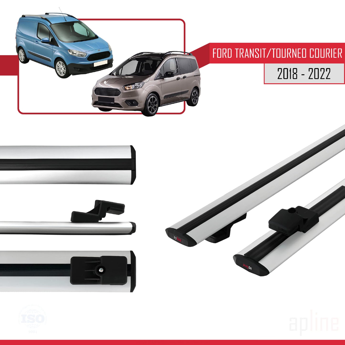 Compatible avec Ford Transit/Tourneo Courier Post-Facelift 2018-2022 BASIC Model Barres de Toit Railing Porte-Bagages de Voiture Gris Aluminium 2 Barres