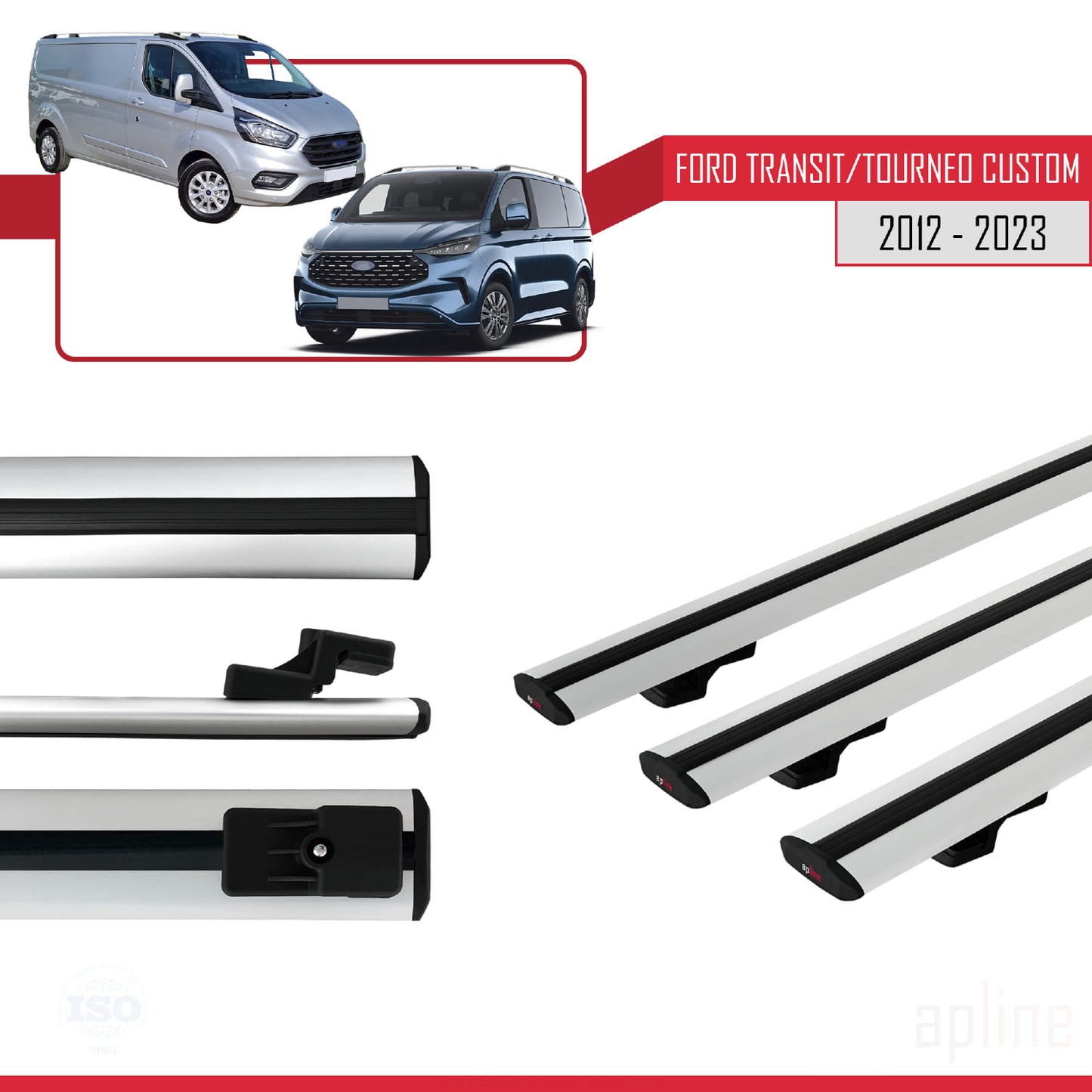 BASIC Model Dakdrager bagagedrager compatibel met Ford Transit/Tourneo Custom 2012-2023 Spoorstaven Grijs Aluminium 3 Staven
