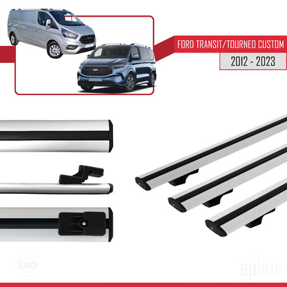 BASIC Model Dakdrager bagagedrager compatibel met Ford Transit/Tourneo Custom 2012-2023 Spoorstaven Grijs Aluminium 3 Staven