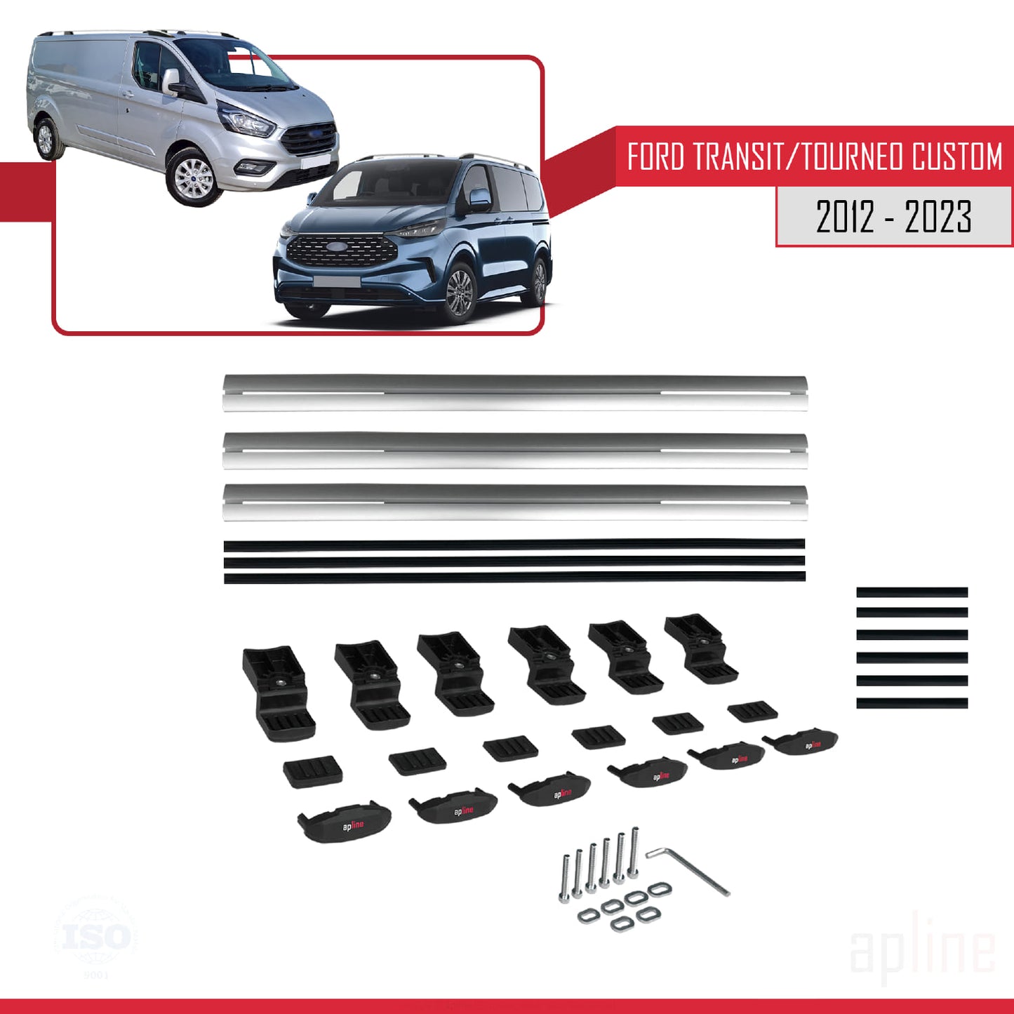 BASIC Model Dakdrager bagagedrager compatibel met Ford Transit/Tourneo Custom 2012-2023 Spoorstaven Grijs Aluminium 3 Staven