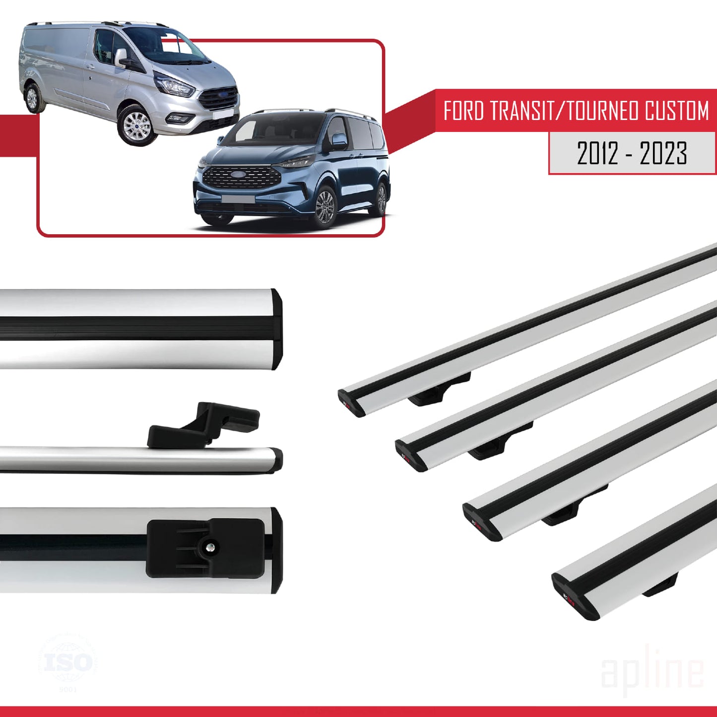 BASIC Model Dakdrager bagagedrager compatibel met Ford Transit/Tourneo Custom 2012-2023 Spoorstaven Grijs Aluminium 4 Staven