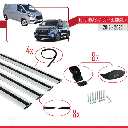 BASIC Model Dakdrager bagagedrager compatibel met Ford Transit/Tourneo Custom 2012-2023 Spoorstaven Grijs Aluminium 4 Staven