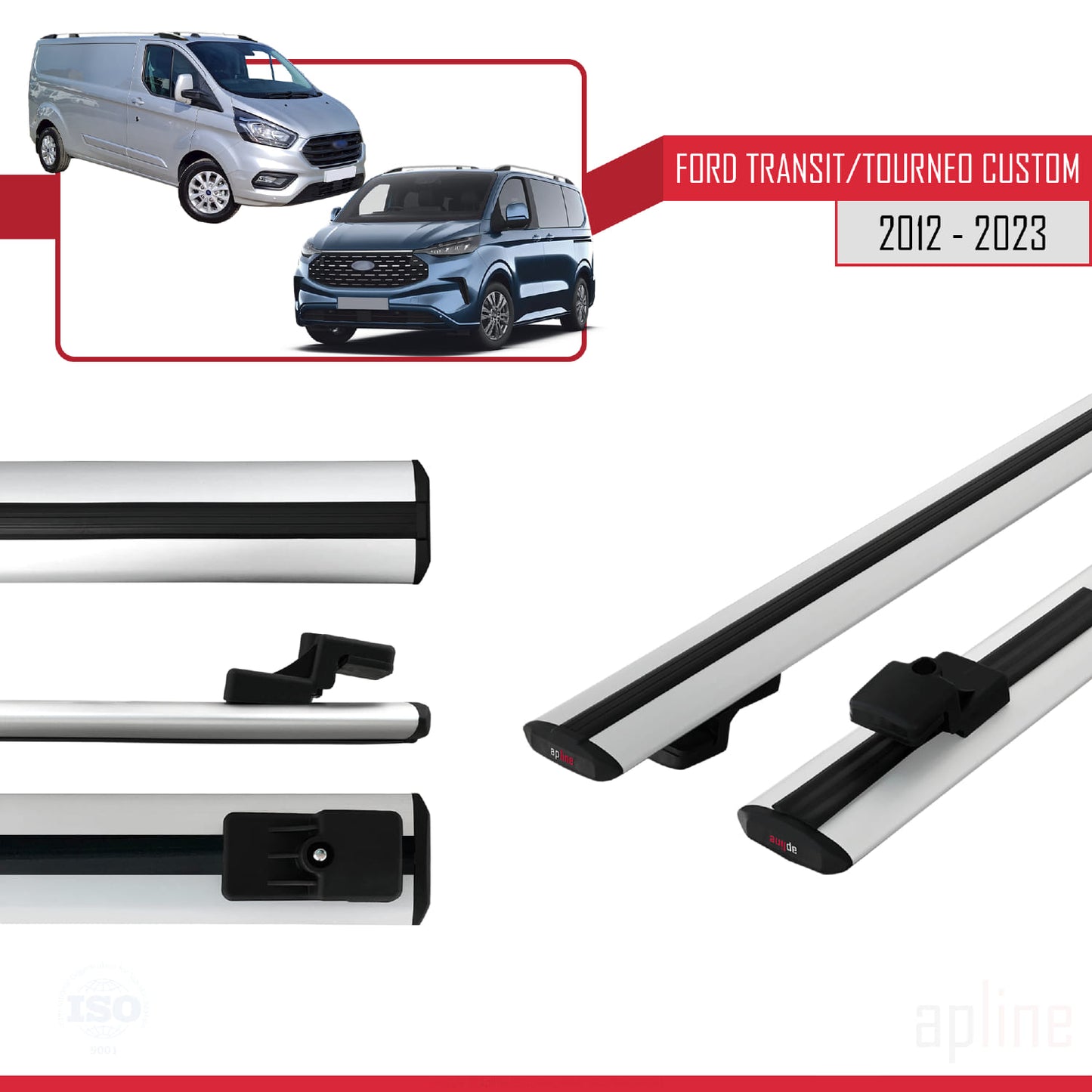 BASIC Model Dakdrager bagagedrager compatibel met Ford Transit/Tourneo Custom 2012-2023 Spoorstaven Grijs Aluminium 2 Staven