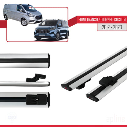 BASIC Model Dakdrager bagagedrager compatibel met Ford Transit/Tourneo Custom 2012-2023 Spoorstaven Grijs Aluminium 2 Staven