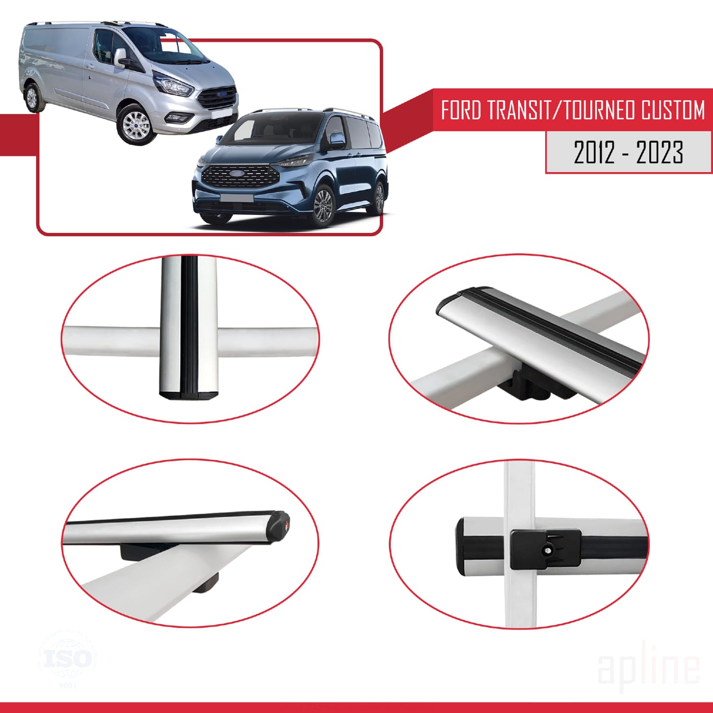 BASIC Model Dakdrager bagagedrager compatibel met Ford Transit/Tourneo Custom 2012-2023 Spoorstaven Grijs Aluminium 2 Staven