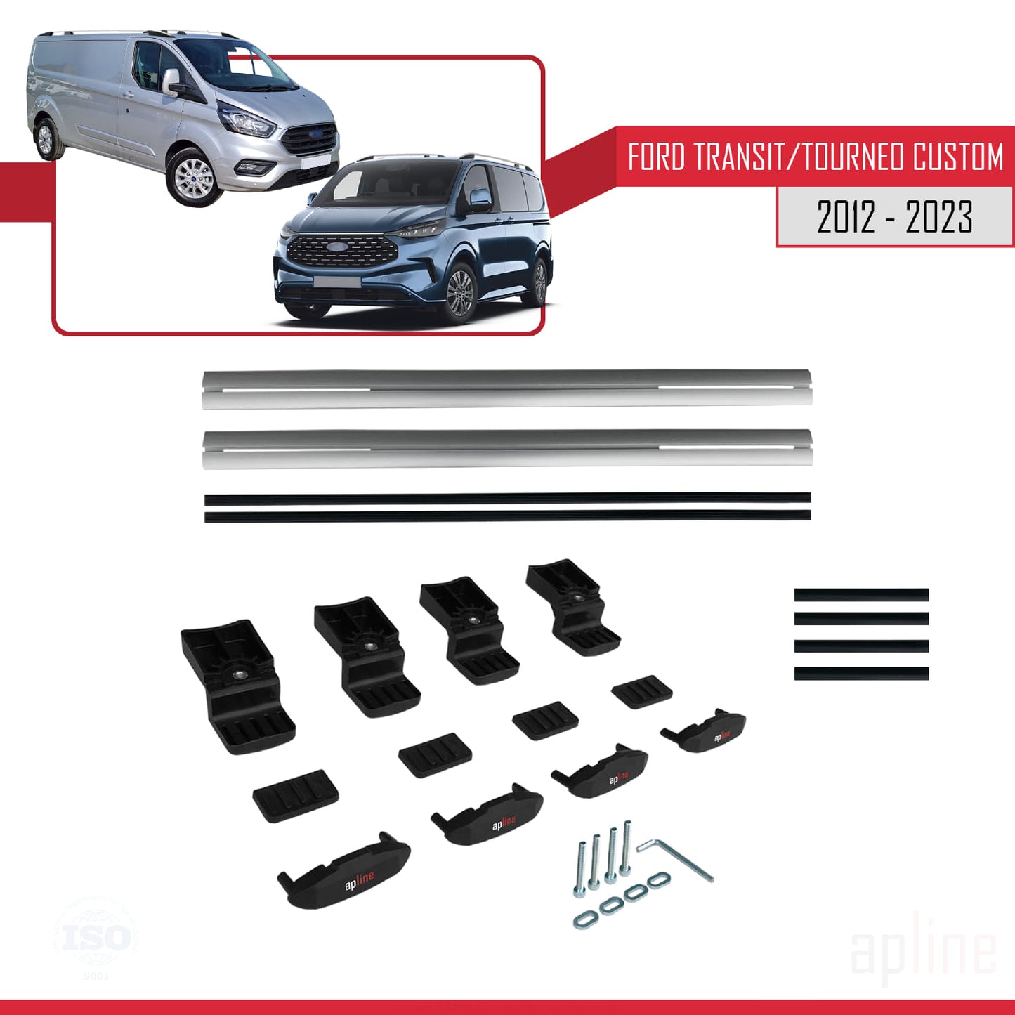 BASIC Model Dakdrager bagagedrager compatibel met Ford Transit/Tourneo Custom 2012-2023 Spoorstaven Grijs Aluminium 2 Staven