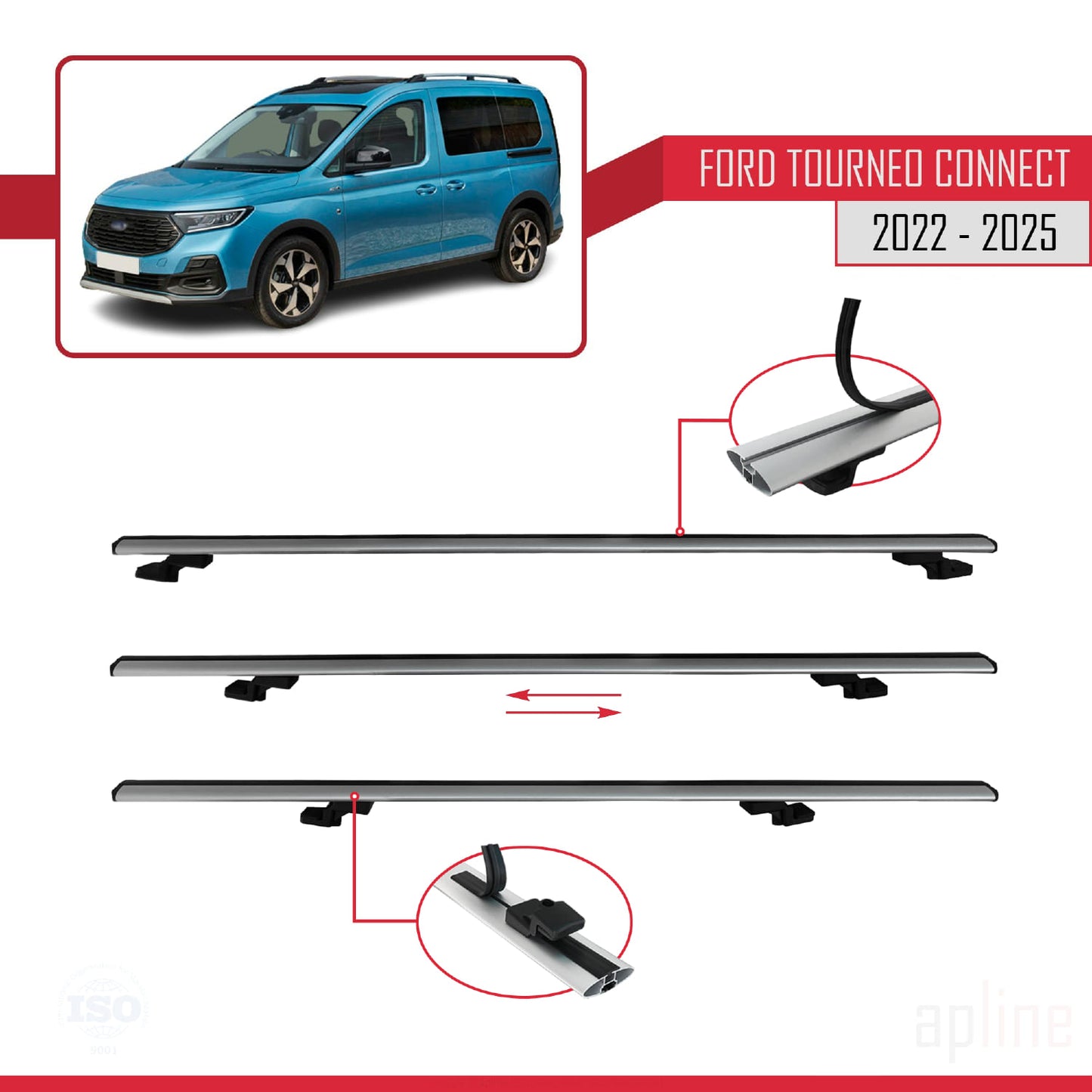 Compatible avec Ford Transit/Tourneo Connect 3 2022-2025 BASIC Model Barres de Toit Railing Porte-Bagages de Voiture Gris Aluminium 3 Barres