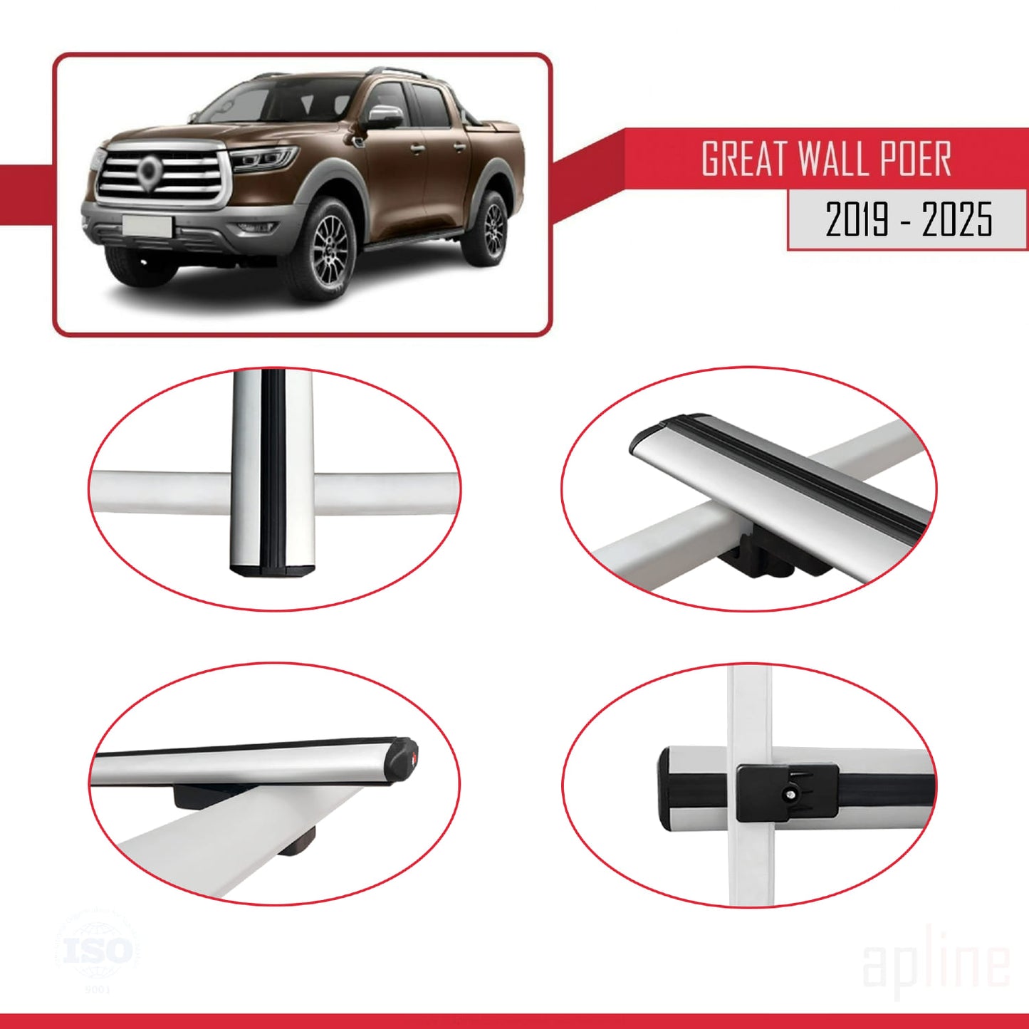 Compatibile con Great Wall Poer 2019-2025 modello BASIC Barre portatutto per auto Portapacchi in alluminio grigio 3 barre