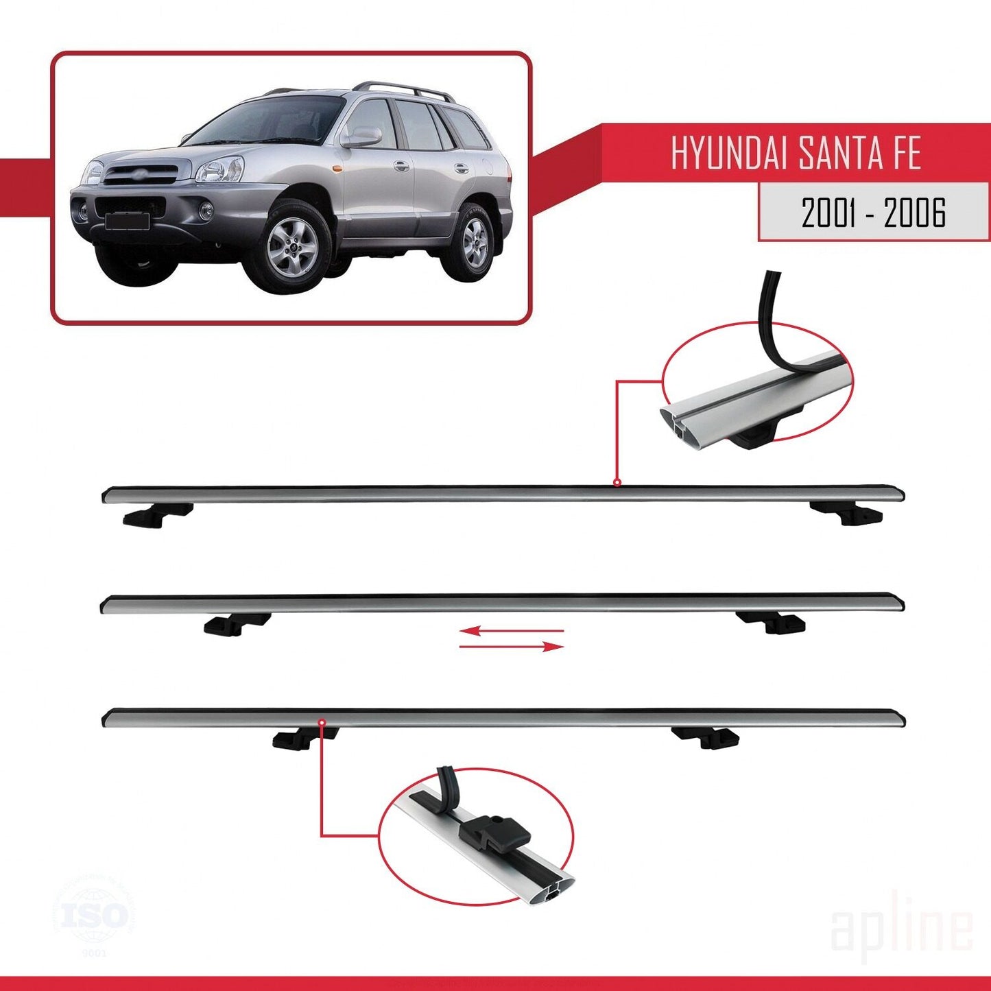 Compatible avec Hyundai Santa Fe (SM) 2001-2006 BASIC Model Barres de Toit Railing Porte-Bagages de Voiture Gris Aluminium 3 Barres