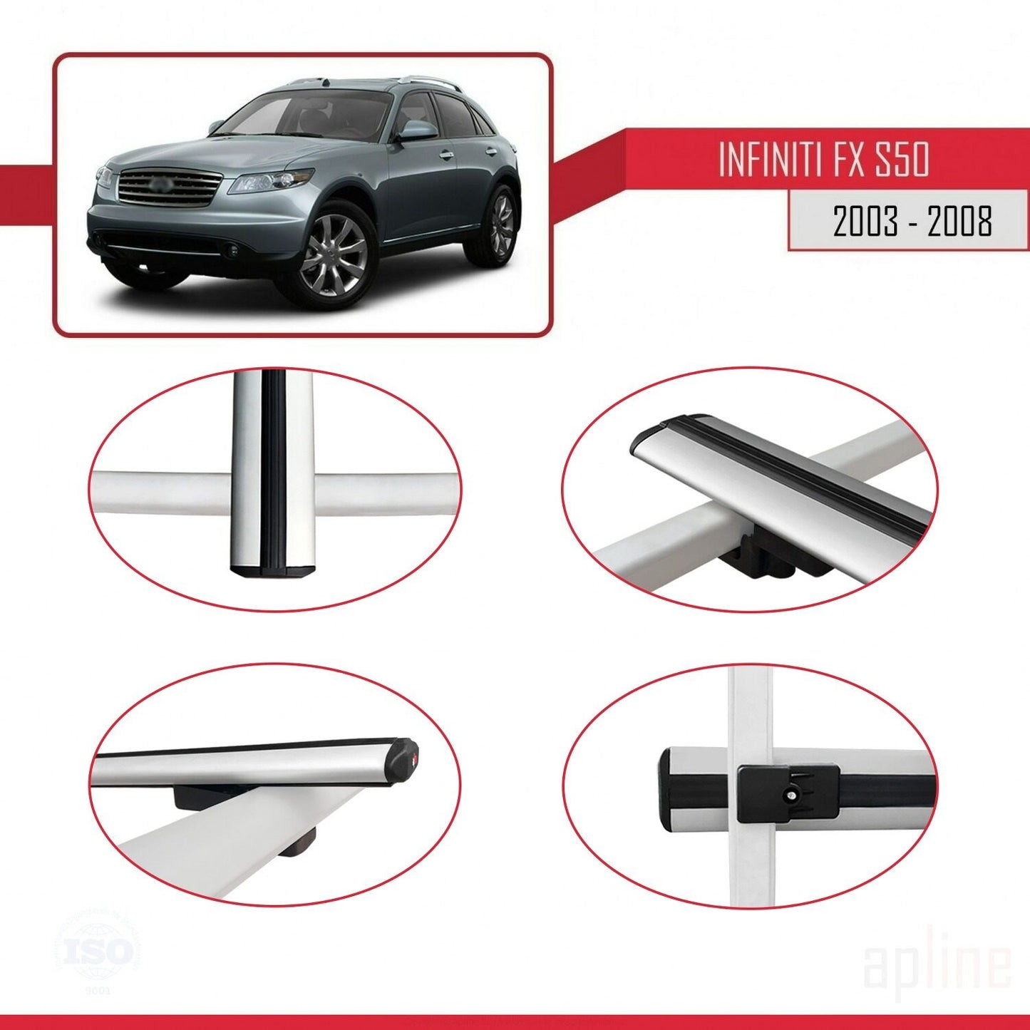 Compatible avec Infiniti FX (S50) 2003-2008 BASIC Model Barres de Toit Railing Porte-Bagages de Voiture Gris Aluminium 3 Barres