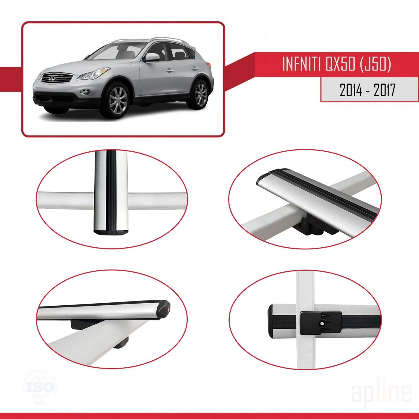 Compatible con Infiniti QX50 (J50) 2014-2017 BASIC Model Barras de Techo Auto Portaequipajes Barras Transversales Gris Aluminio 2 Barras