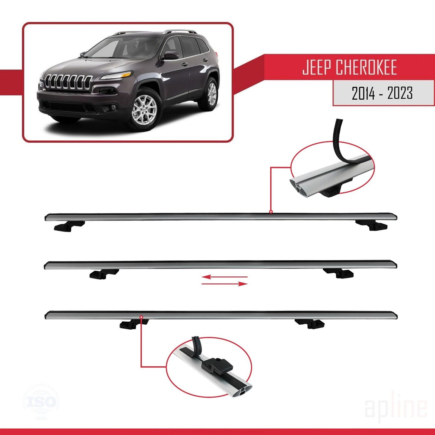 Compatible avec Jeep Cherokee 5 (KL) 2014-2023 BASIC Model Barres de Toit Railing Porte-Bagages de Voiture Gris Aluminium 2 Barres