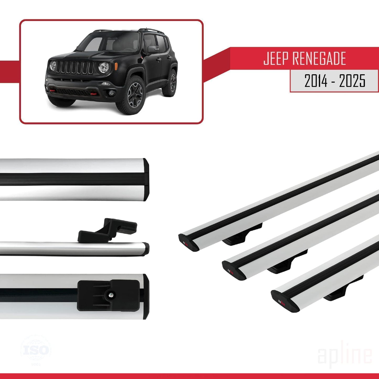 Compatible avec Jeep Renegade (BU) 2014-2025 BASIC Model Barres de Toit Railing Porte-Bagages de Voiture Gris Aluminium 3 Barres