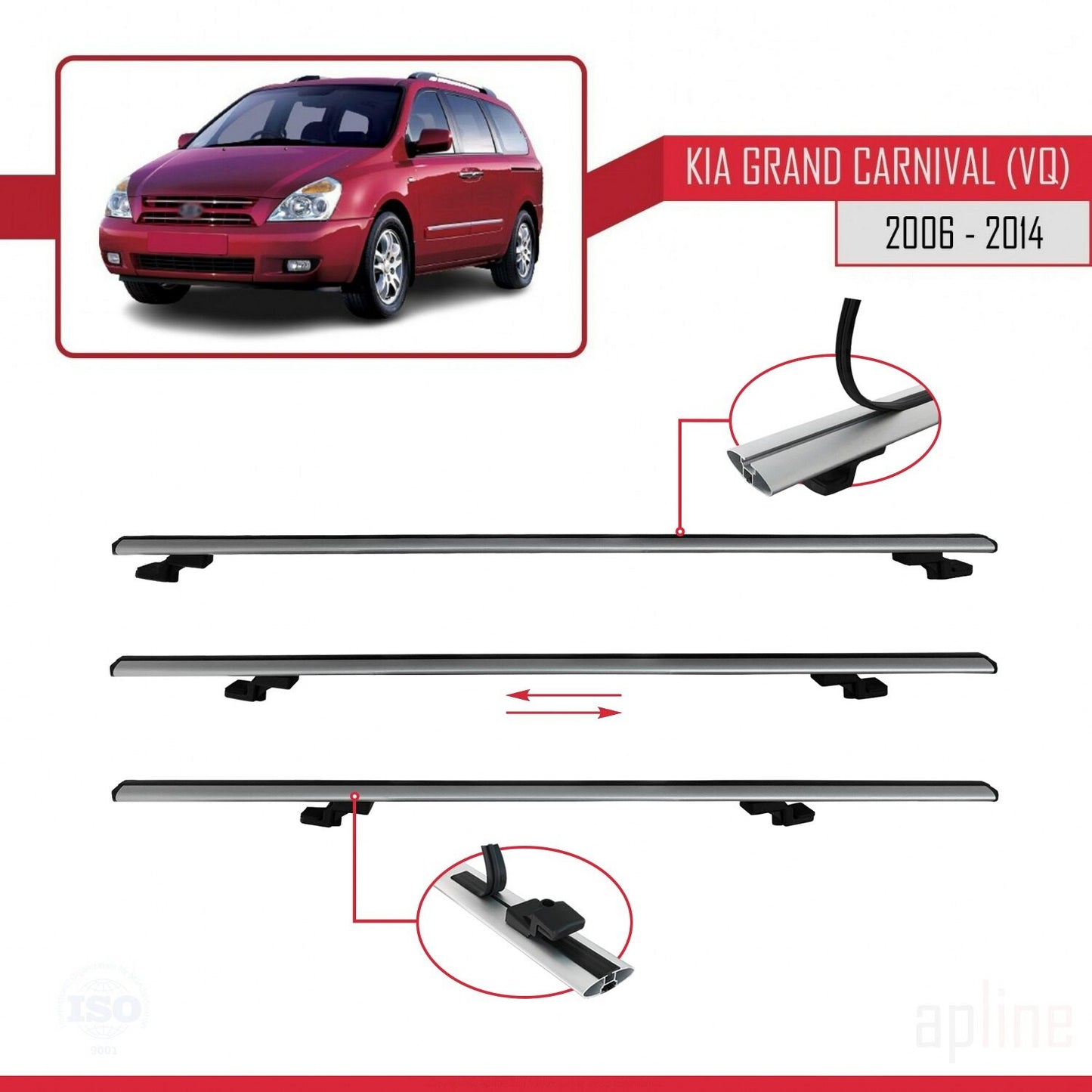Compatible avec Kia Carnival 2 (VQ) 2006-2014 BASIC Model Barres de Toit Railing Porte-Bagages de Voiture Gris Aluminium 2 Barres