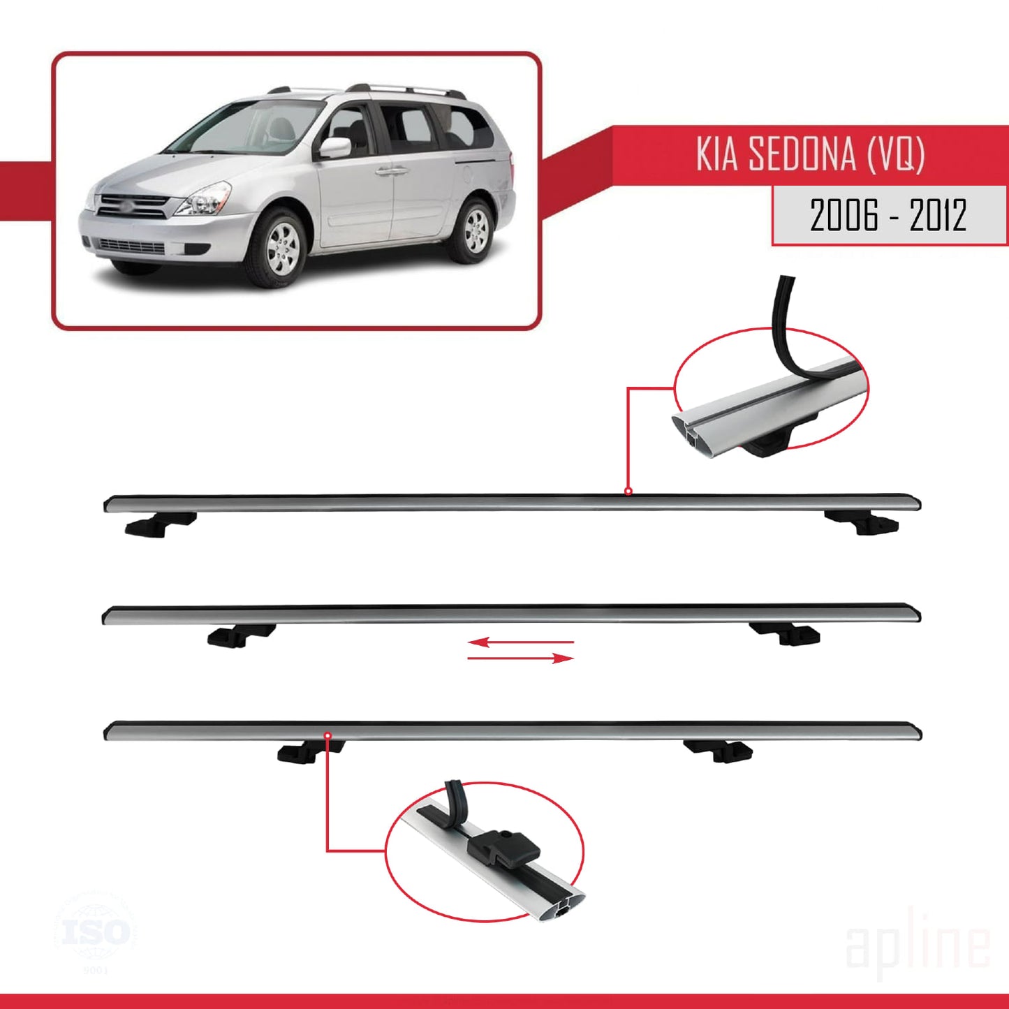 Compatible avec Kia Sedona 2 (VQ) 2006-2012 BASIC Model Barres de Toit Railing Porte-Bagages de Voiture Gris Aluminium 2 Barres