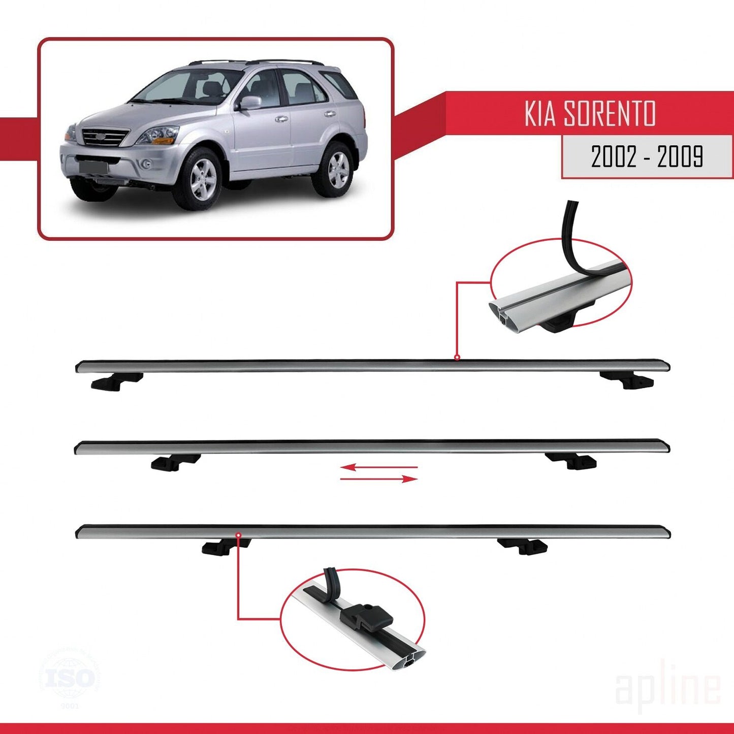 Compatible avec Kia Sorento (BL) 2002-2009 BASIC Model Barres de Toit Railing Porte-Bagages de Voiture Gris Aluminium 3 Barres