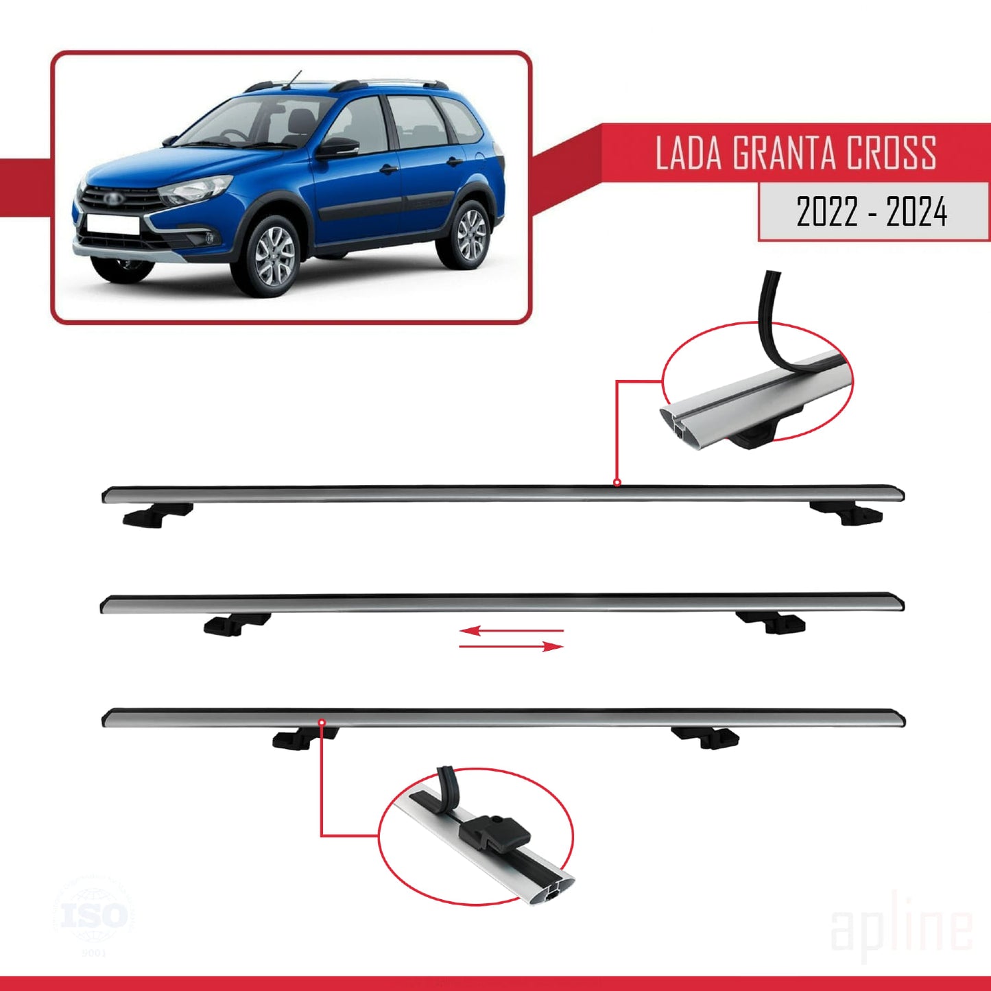 Compatible avec Lada Granta Cross 2022-2024 BASIC Model Barres de Toit Railing Porte-Bagages de Voiture Gris Aluminium 3 Barres