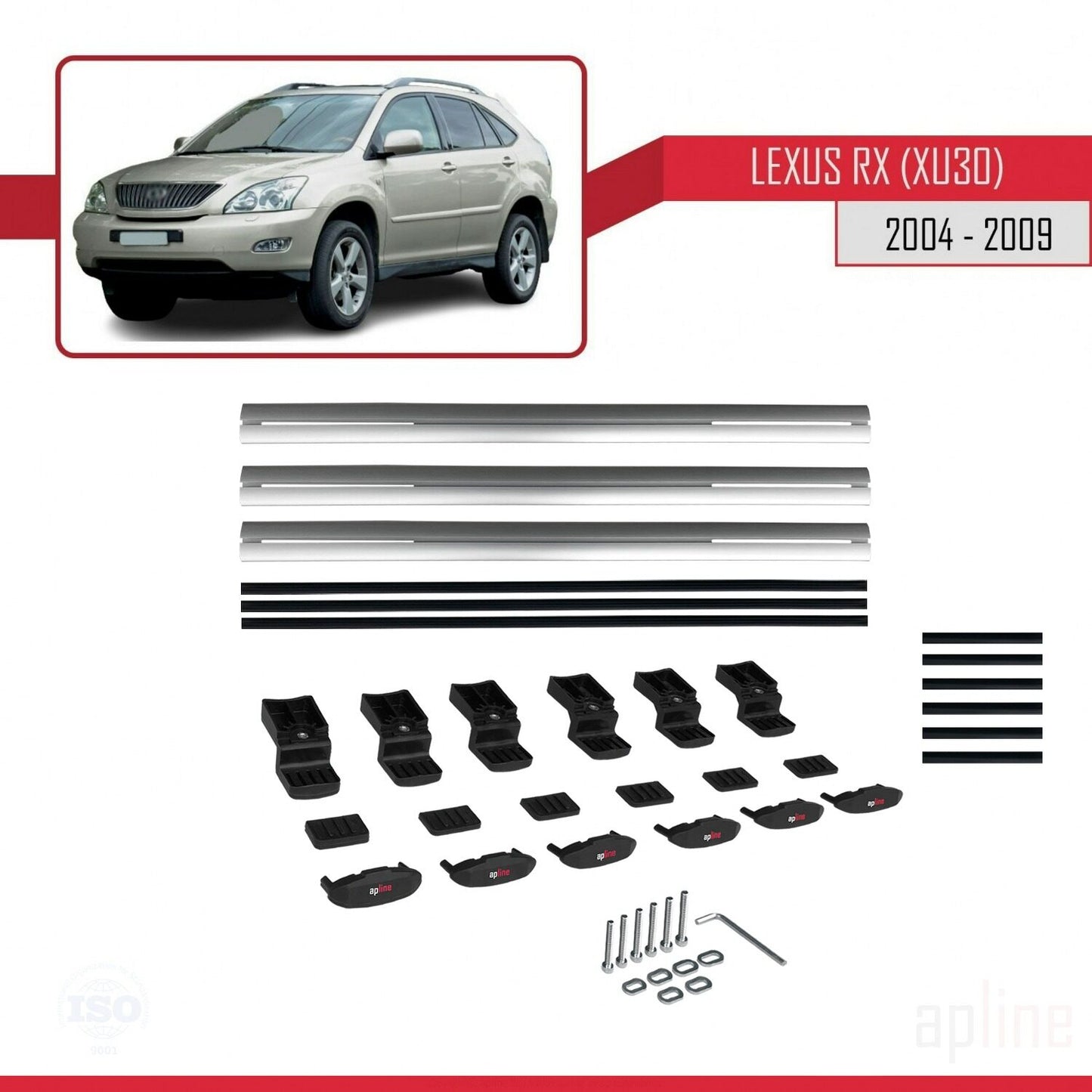 Compatible avec Lexus RX 2 (XU30) 2004-2009 BASIC Model Barres de Toit Railing Porte-Bagages de Voiture Gris Aluminium 3 Barres