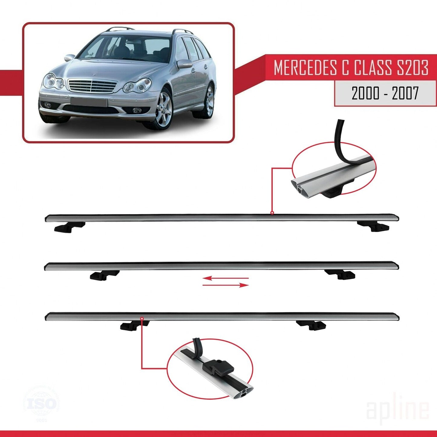 Compatible avec Mercedes Classe C 2 (S203) 2000-2007 BASIC Model Barres de Toit Railing Porte-Bagages de Voiture Gris Aluminium 2 Barres