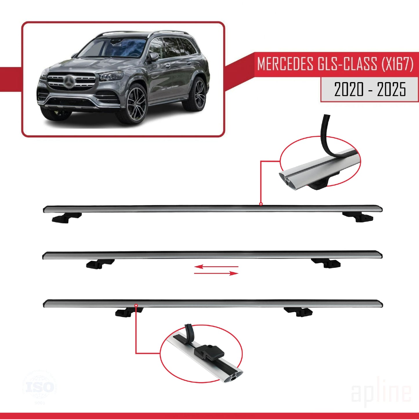 Compatible avec Mercedes Classe GLS (X167) 2020-2025 BASIC Model Barres de Toit Railing Porte-Bagages de Voiture Gris Aluminium 3 Barres