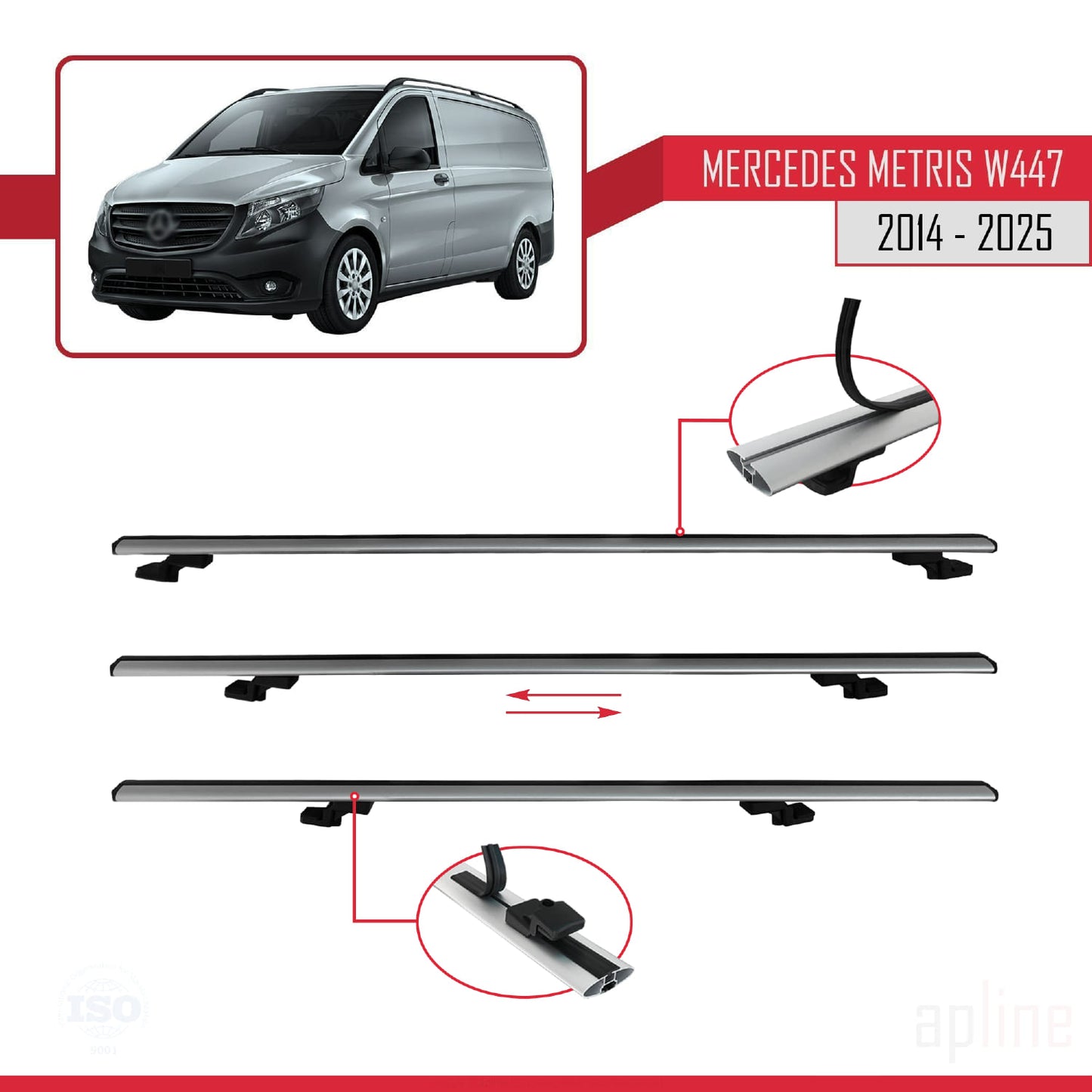 Compatible avec Mercedes Metris (W447) 2014-2025 BASIC Model Barres de Toit Railing Porte-Bagages de Voiture Gris Aluminium 2 Barres