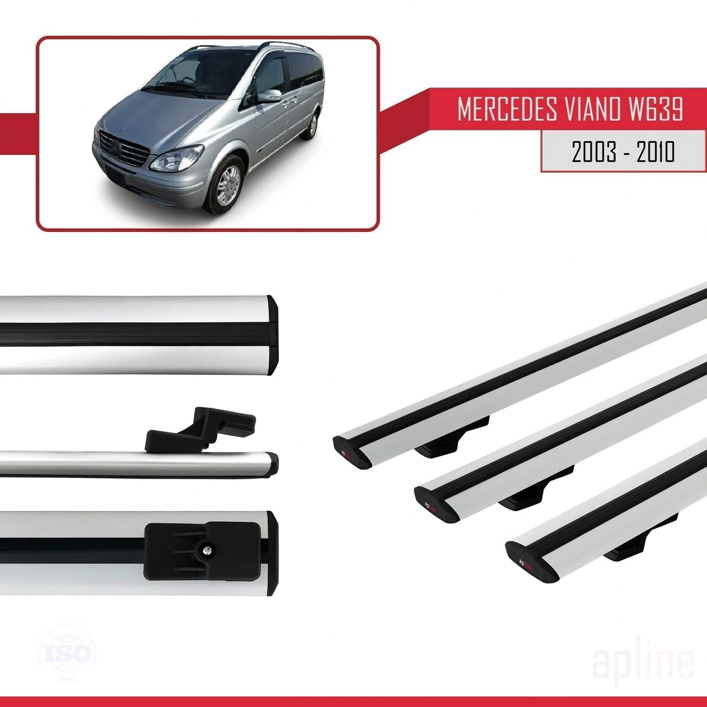 Compatible avec Mercedes Viano 2 (W639) Pre-Facelift 2003-2010 BASIC Model Barres de Toit Railing Porte-Bagages de Voiture Gris Aluminium 3 Barres