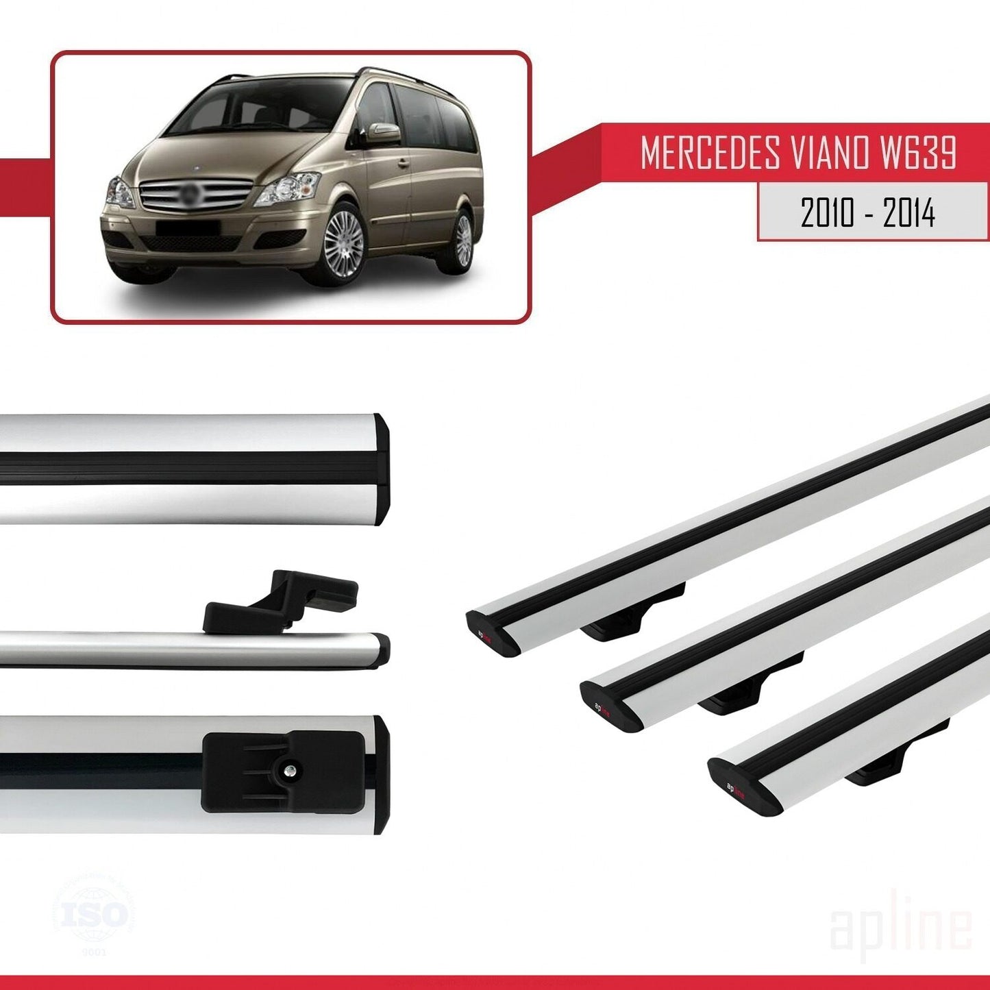 Compatible avec Mercedes Viano 2 (W639) Post-Facelift 2010-2014 BASIC Model Barres de Toit Railing Porte-Bagages de Voiture Gris Aluminium 3 Barres