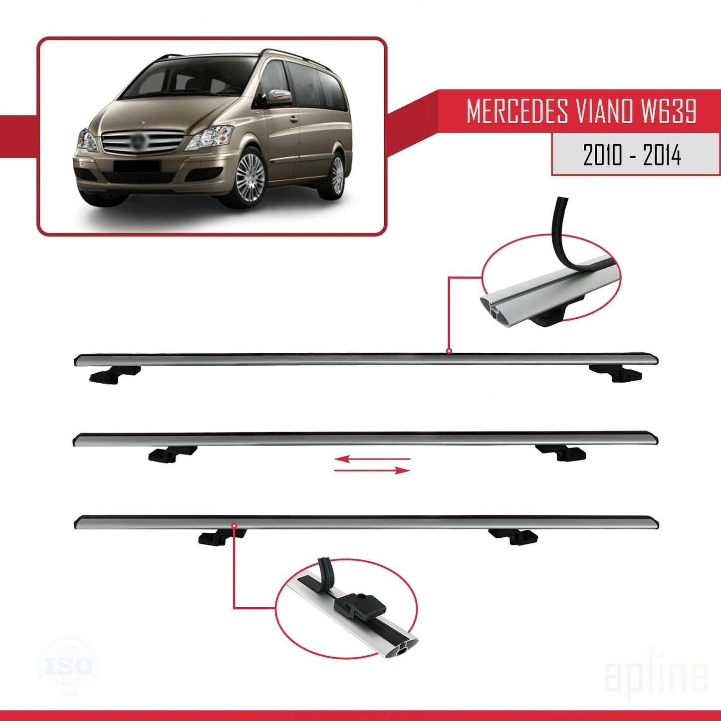 Compatible avec Mercedes Viano 2 (W639) Post-Facelift 2010-2014 BASIC Model Barres de Toit Railing Porte-Bagages de Voiture Gris Aluminium 3 Barres